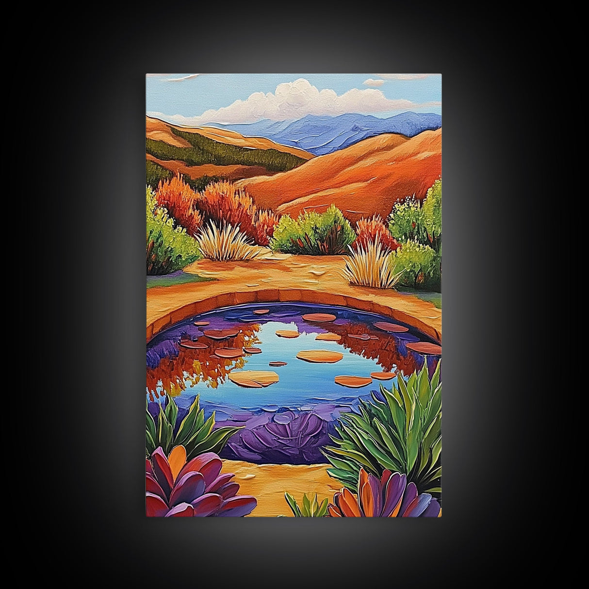 Pond Reflection, Nature, Desert, Framed Canvas Print tranquil desert pond painting, colorful reflection landscape art, entryway wall decor