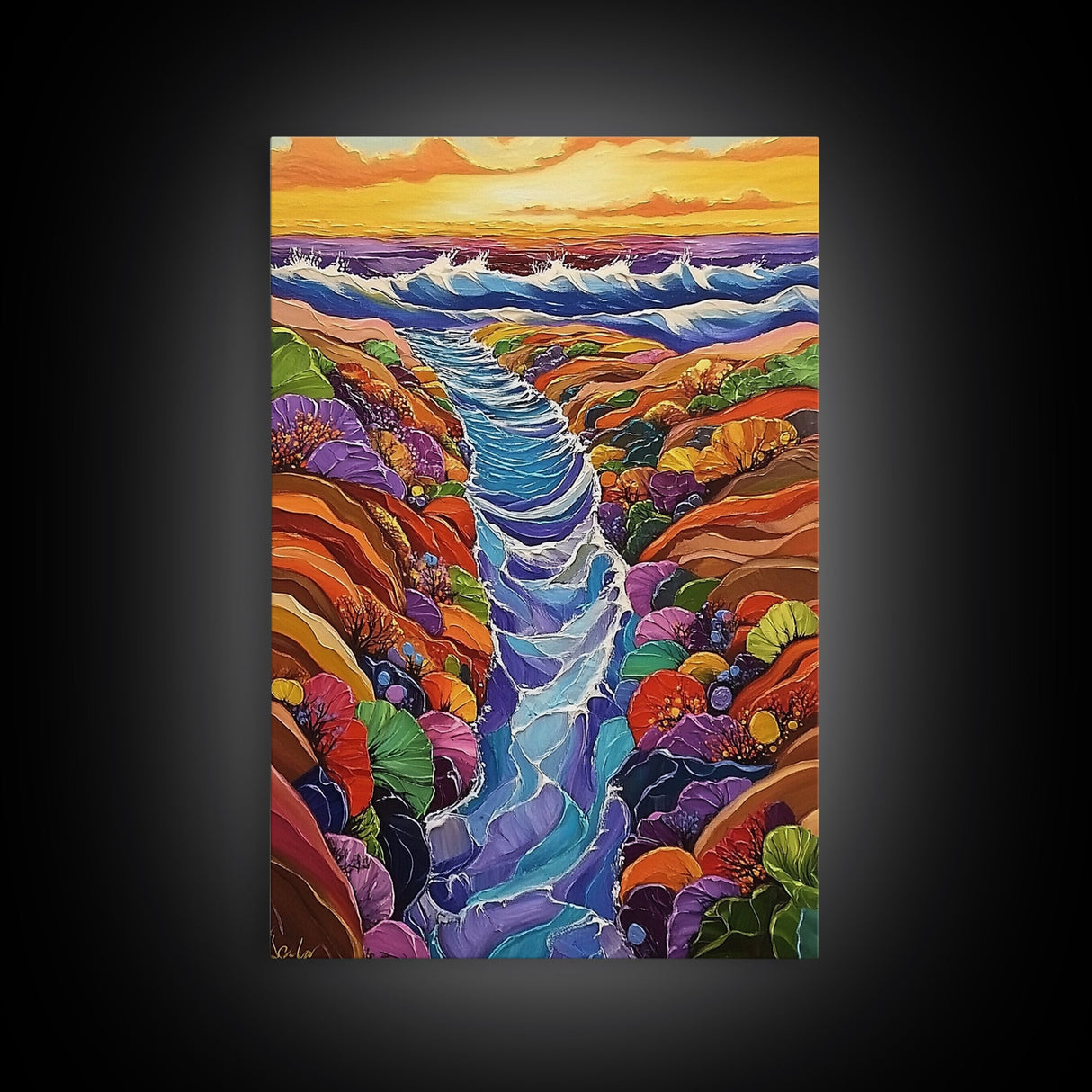 Ocean Tidepool, Rainbow, Shoreline, Canvas Print vivid shoreline tidepool painting, colorful abstract coastal artwork, ocean bathroom wall art