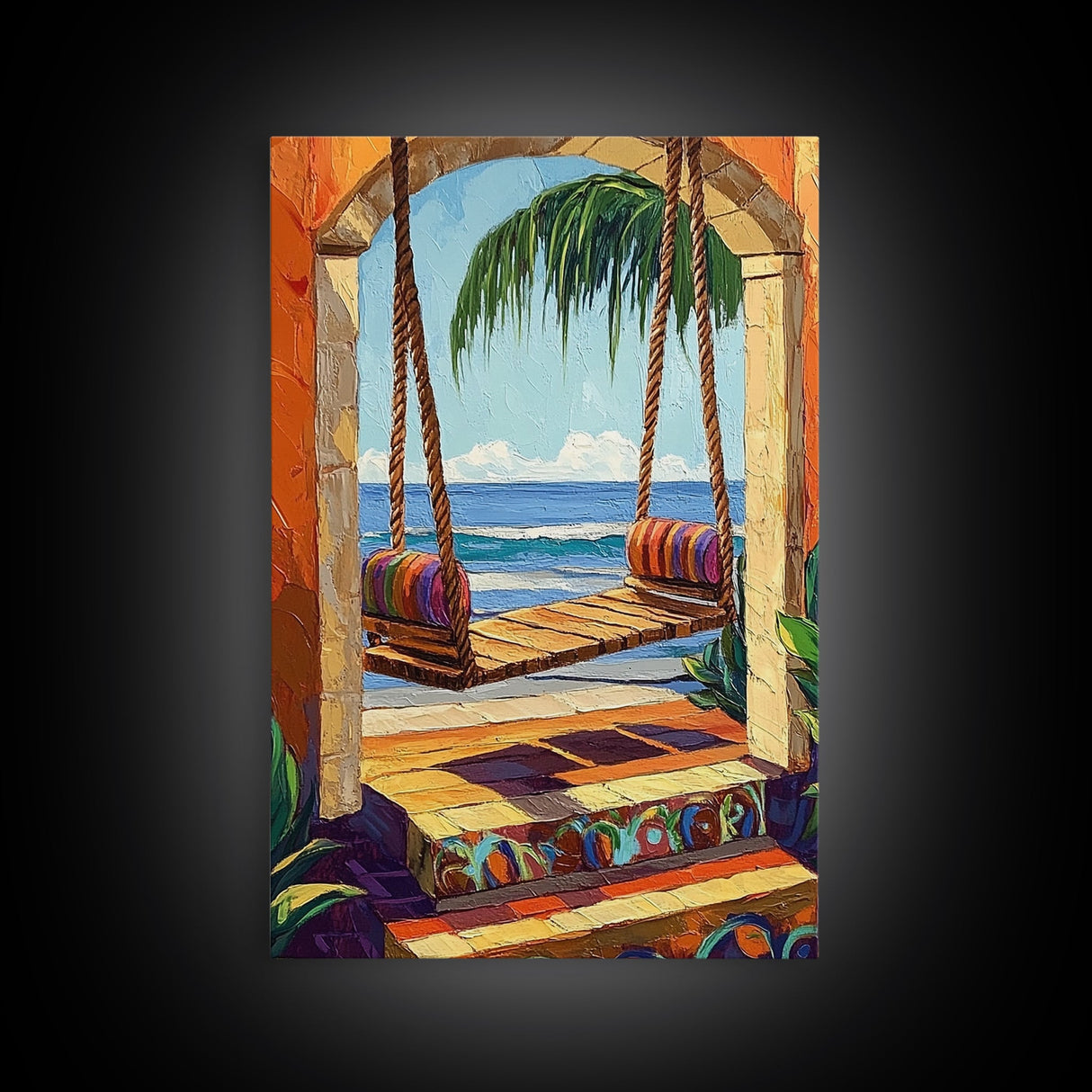 Swing Ocean, Tropical, Archway, Framed Canvas Print, Beach retreat wall art, vibrant tropical decor, Bedroom or Bathroom Wall Art