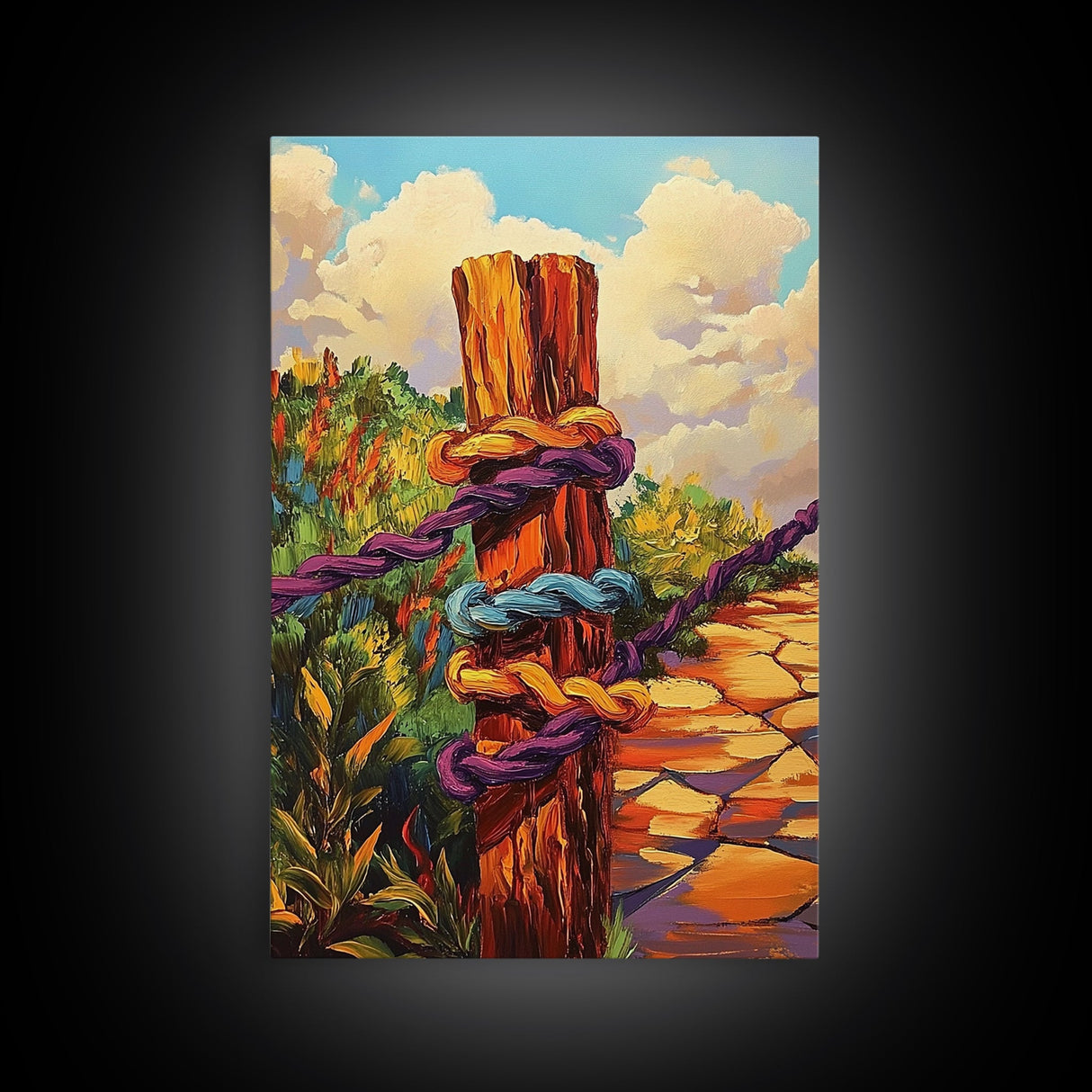 Post Rope, Path, Nature, Canvas Print, rustic fence art, countryside boho decor, vibrant outdoor scene, cozy cabin wall art, hallway style