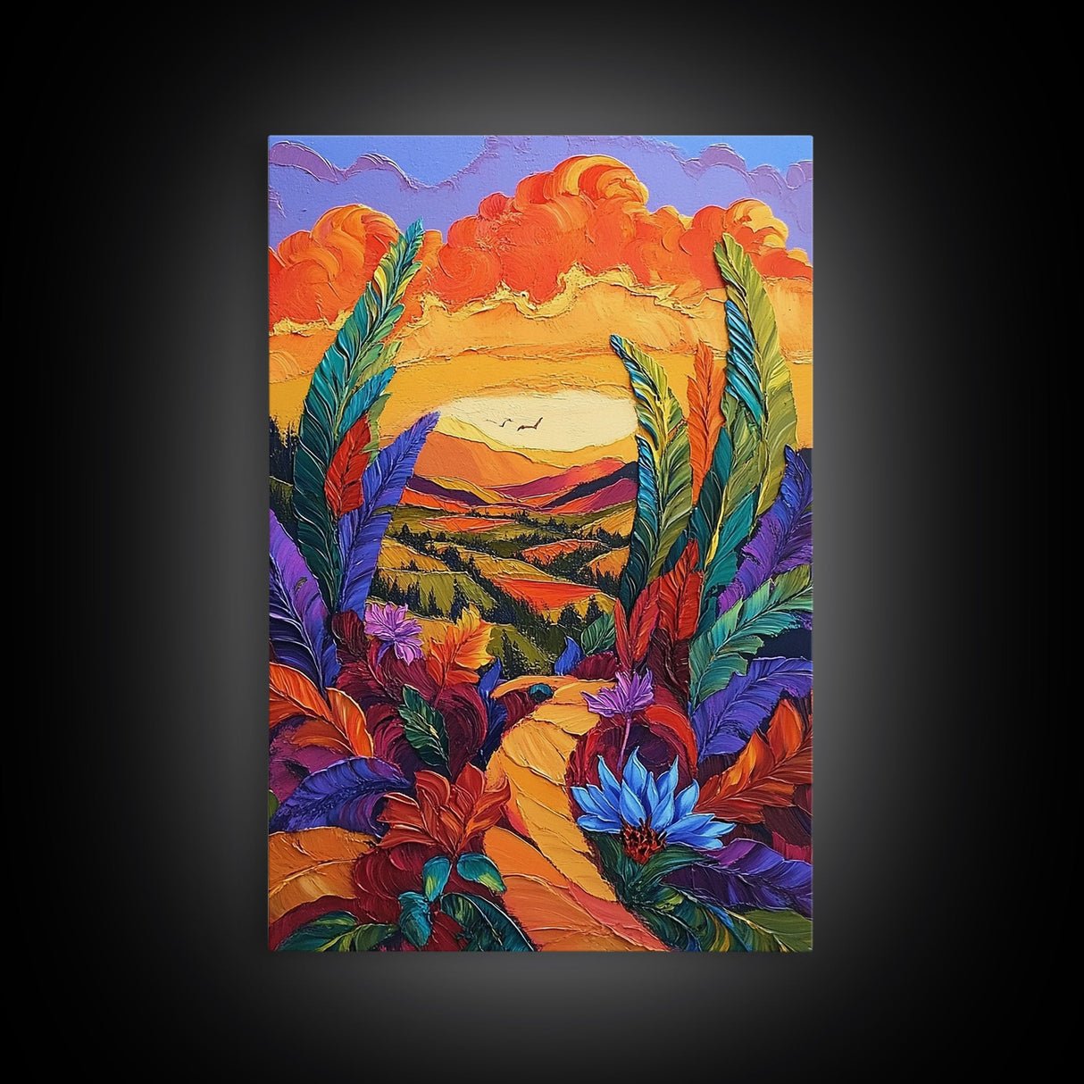 Bold Sunset, Path, Feathers, Canvas Print, Autumn Wall Art, Boho Nature Decor, Warm Colorful Hallway Art, Eclectic Landscape Painting
