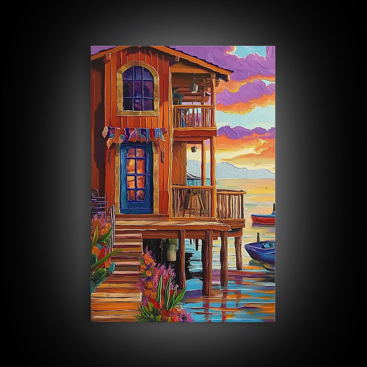 Tropical Sunset, House, Dock, Framed Canvas Print vibrant coastal house wall art, beach wall decor, sunset painting, tropical room decor