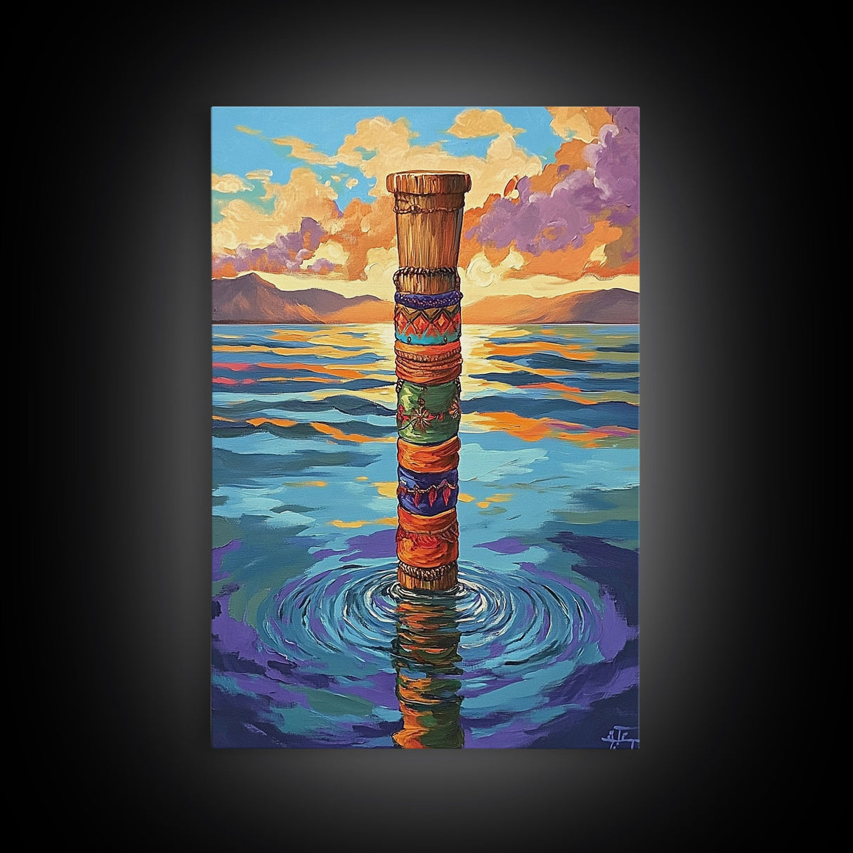 Tribal Water, Pole, Peaceful, Framed Canvas Print tranquil ocean pole artwork, tribal inspired sea painting, boho decor, hallway wall art
