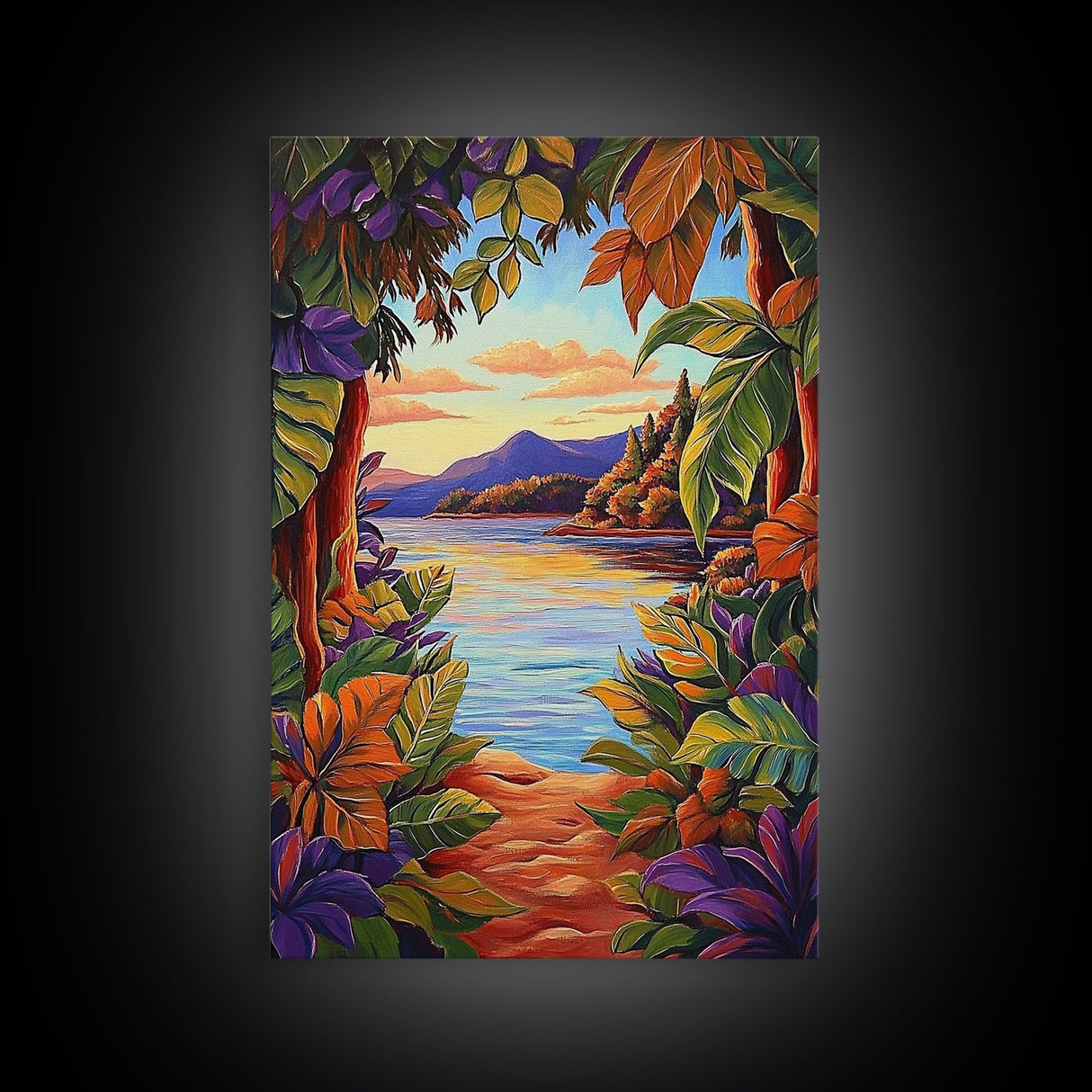 Tropical Lake, Sunset, Leaves, Canvas Print colorful tropical art, jungle boho decor, vibrant beach house wall art, exotic nature room print