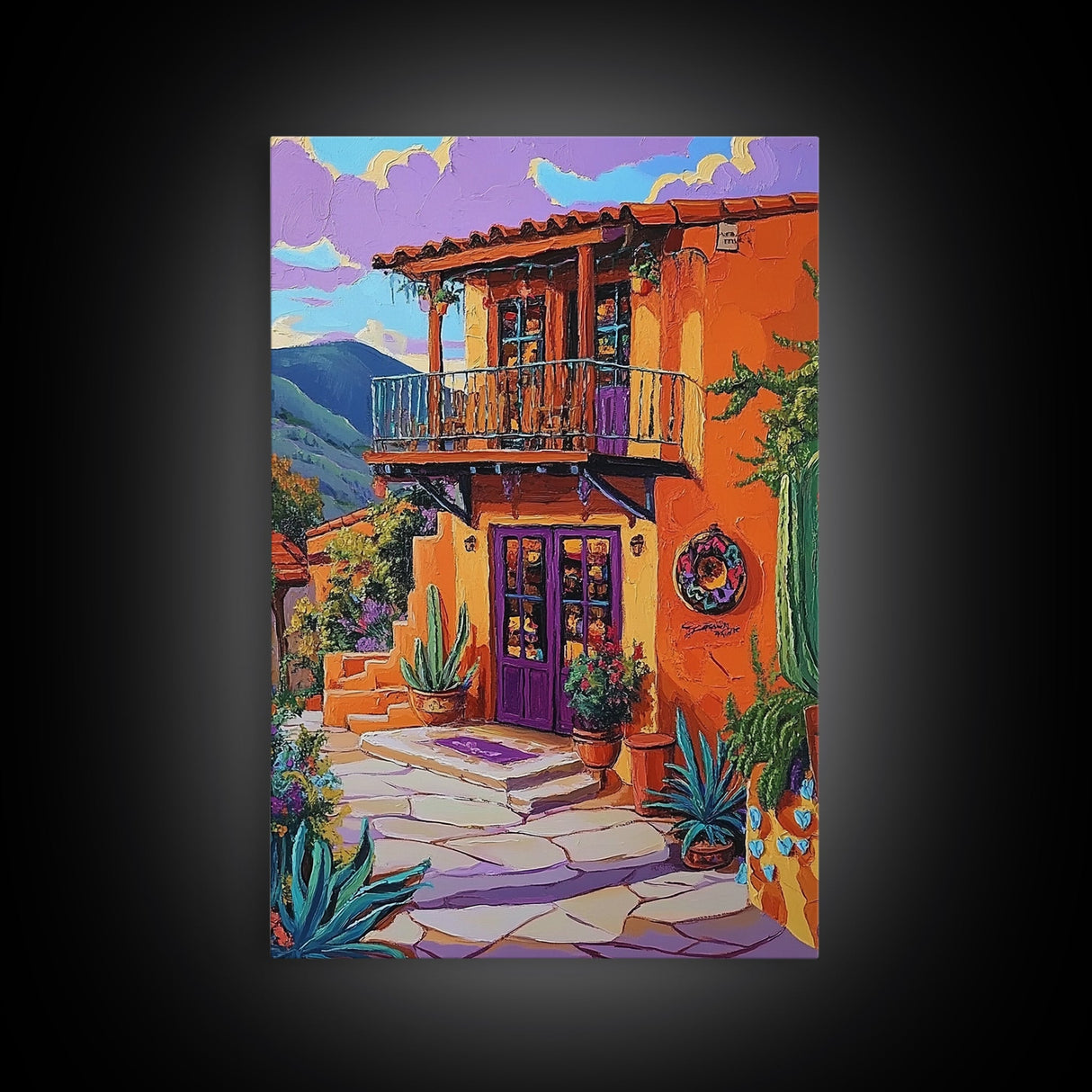 Southwest Home, Colorful, Balcony, Canvas Print vibrant Mexican house wall art, festive living room decor, textured boho painting