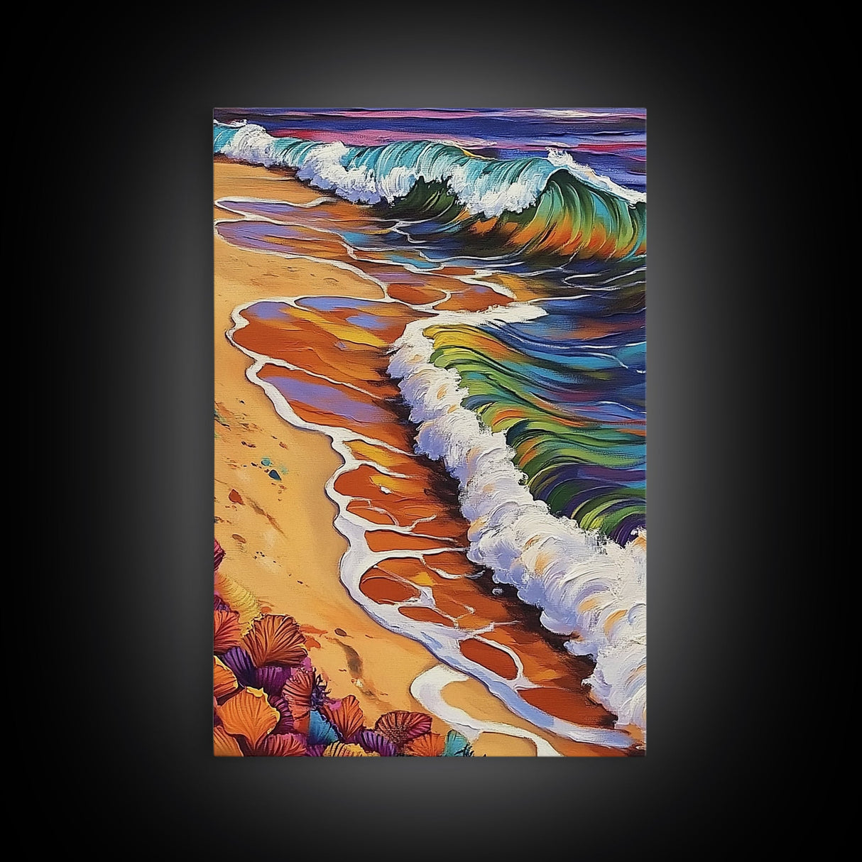 Beach Waves, Sunset, Framed Canvas Print, Vibrant Coastal Wall Art, Tropical Ocean Decor, Colorful Living Room Wall Art, Boho Beach Print