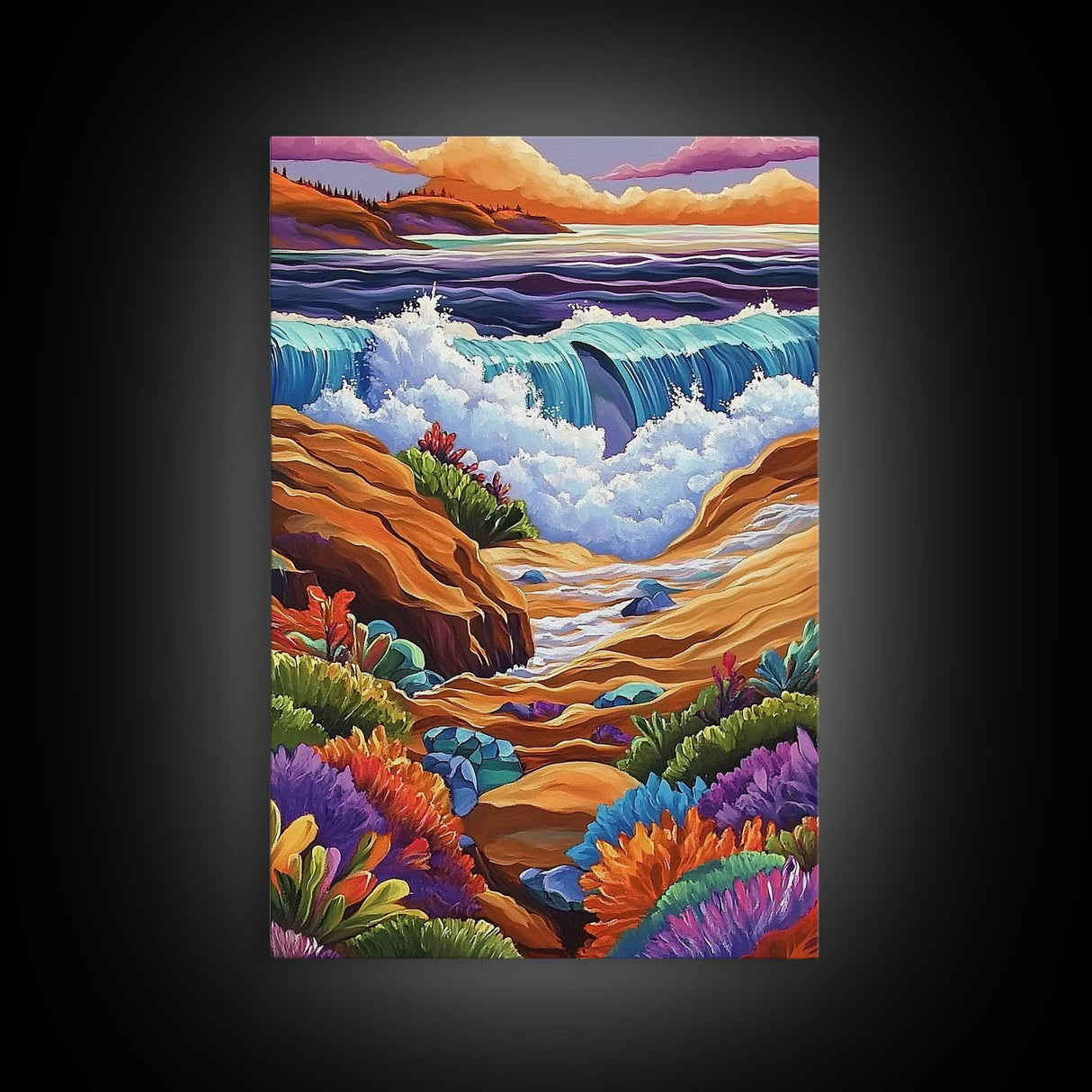 Ocean Rocks, Colorful, Framed Canvas Print, Coastal Sunset Wall Art, Bold Ocean Waves Decor, Living Room Statement Piece, Nature Art Print