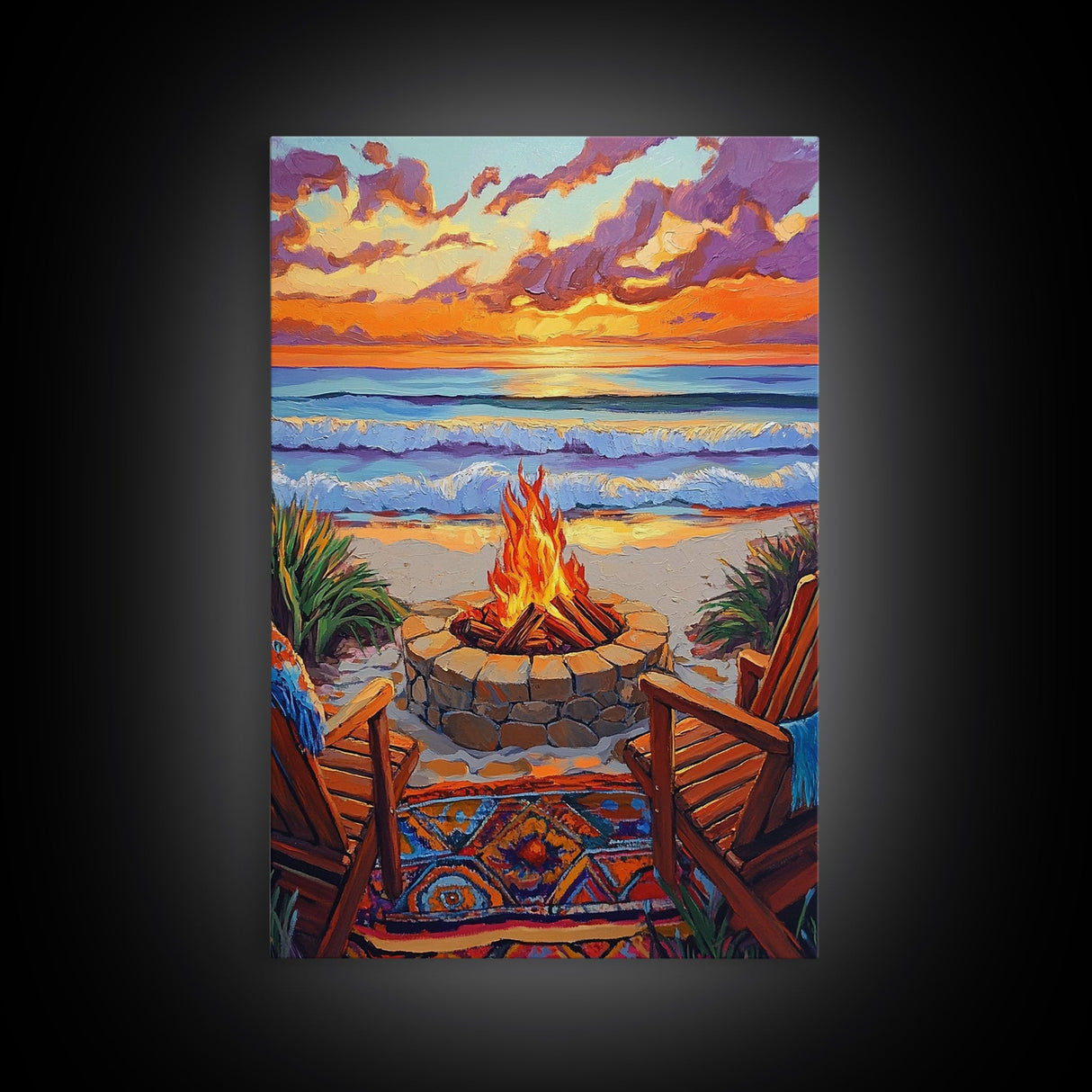 Firepit Sunset, Beach, Chairs, Canvas Print, cozy beach fire art, boho sunset vibes, fall bonfire wall decor, living room or patio