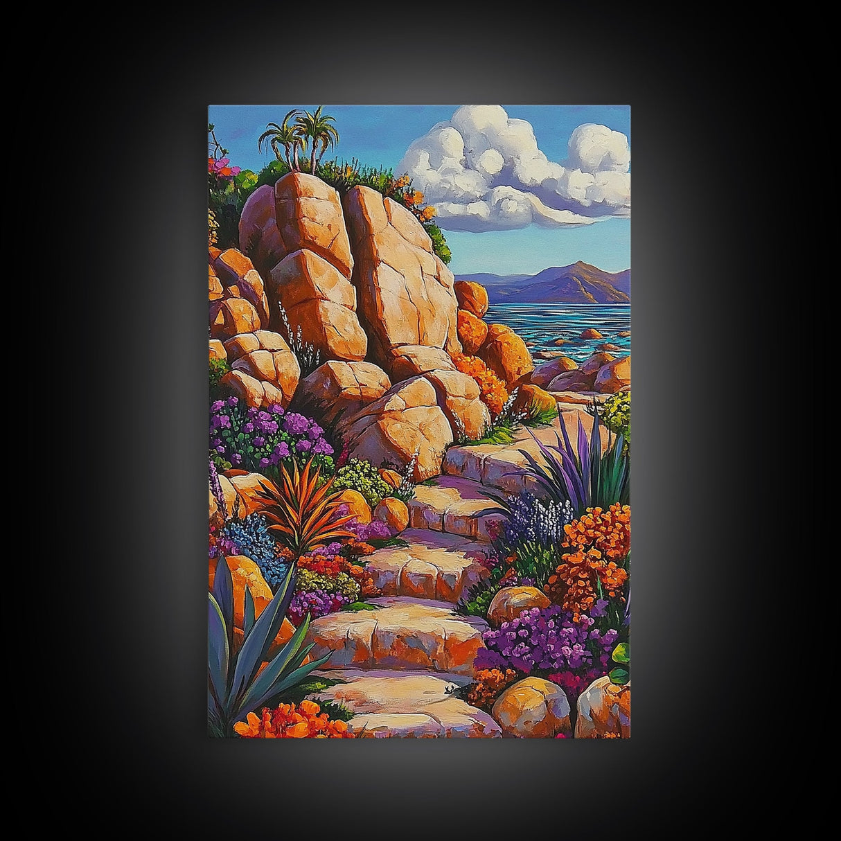 Rocky Pathway, Flowers, Framed Canvas Print, Vibrant Desert Trail Art, Colorful Landscape Wall Decor, Boho Living Room Wall Art