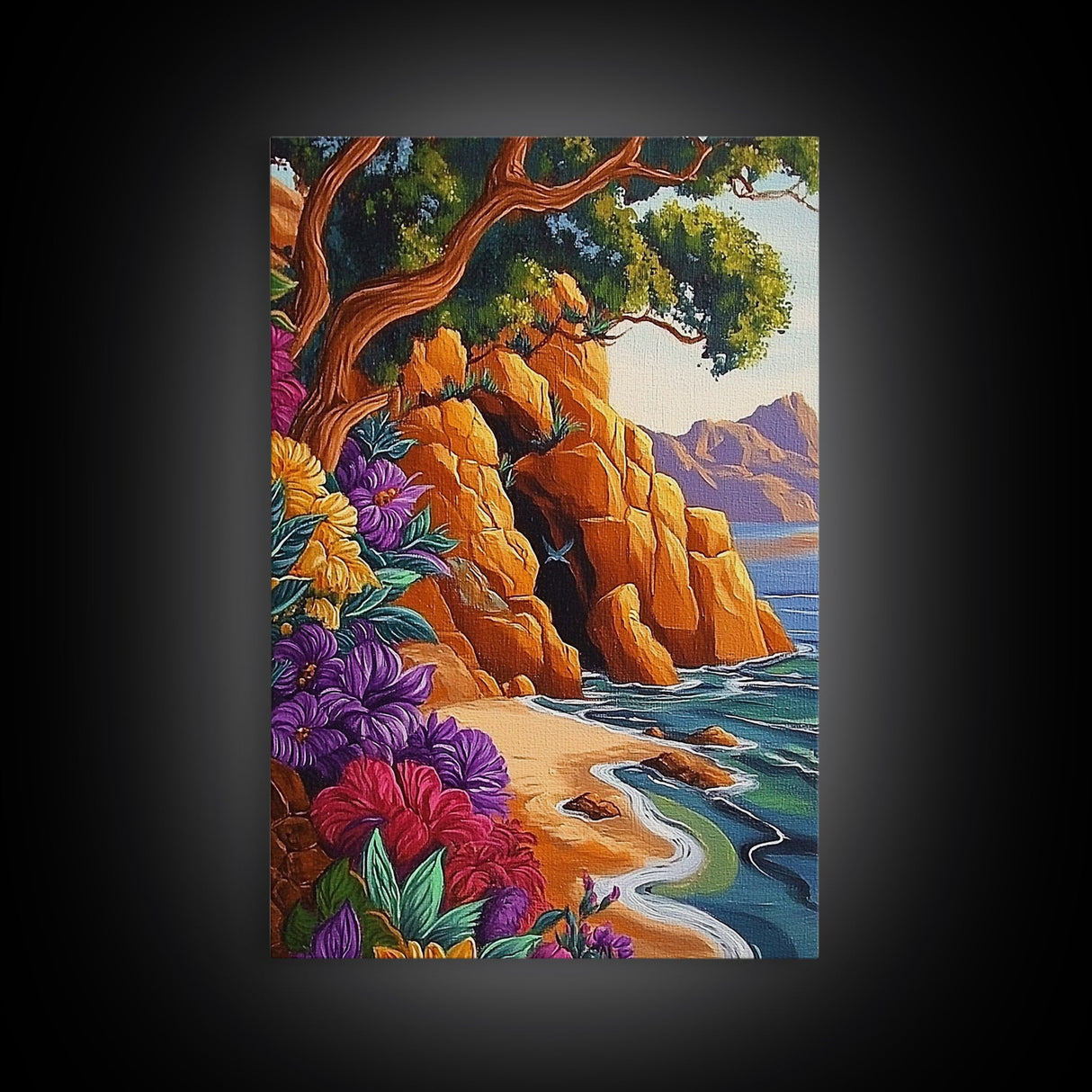 Cave Beach, Flowers, Framed Canvas Print, Coastal Landscape Wall Art, Colorful Boho Nature Decor, Living Room art, Office Wall Art