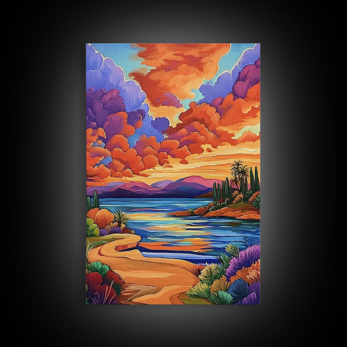 Sunset Lake, Pathway, Dreamy, Framed Canvas Print vibrant sunset lake art, colorful sky and mountain scene, living room art, office boho decor
