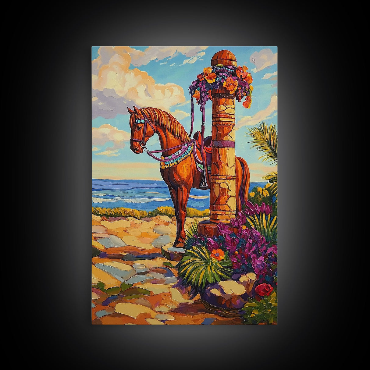 Horse Coast, Sky, Western, Framed Canvas Print scenic cowboy horse art, rustic western ocean view decor, farmhouse wall accent