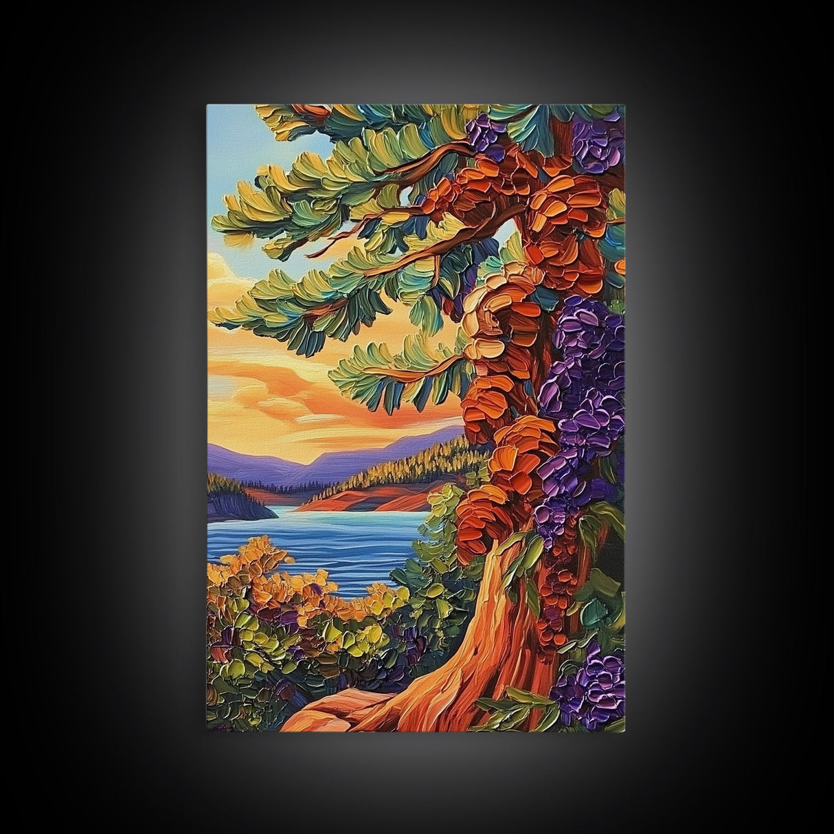 Tree Lake, Mountains, Nature, Framed Canvas Print, pine tree art, autumn landscape wall decor, cozy cabin or lodge art, textured style
