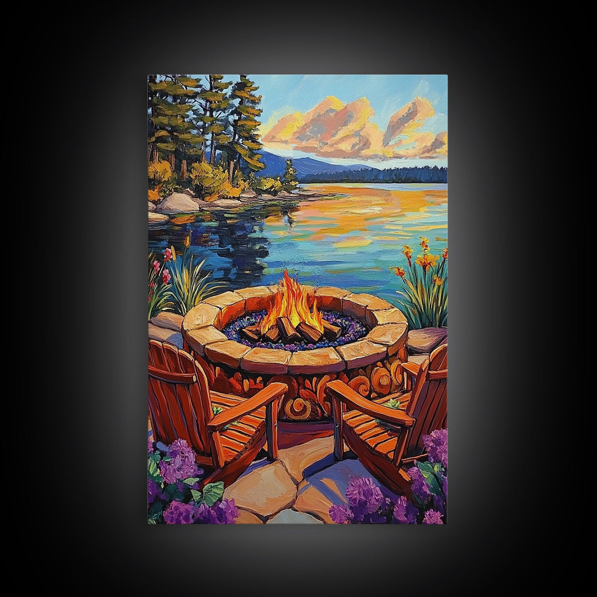 Firepit Chairs, Lake, Sunset, Framed Canvas Print, outdoor patio wall decor, rustic lakeside art, cozy fall cabin retreat artwork