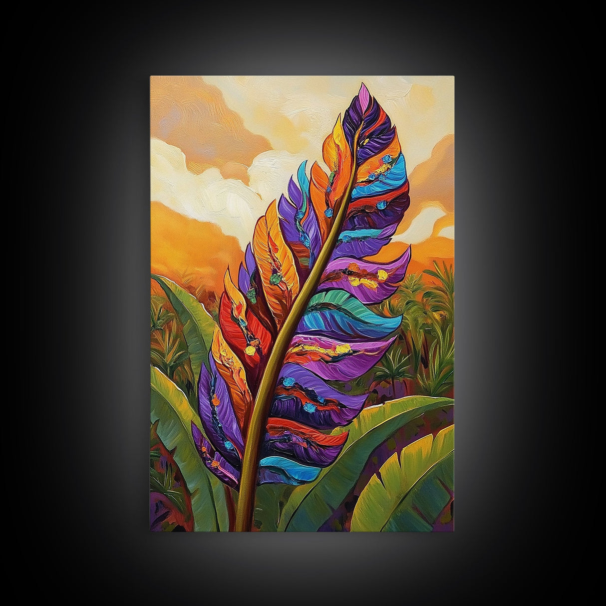 Tropical Feather, Sunset, Boho, Framed Canvas Print, Tropical Feather Wall Art, Sunset Jungle Decor, Boho Botanical Artwork, Bedroom Accent