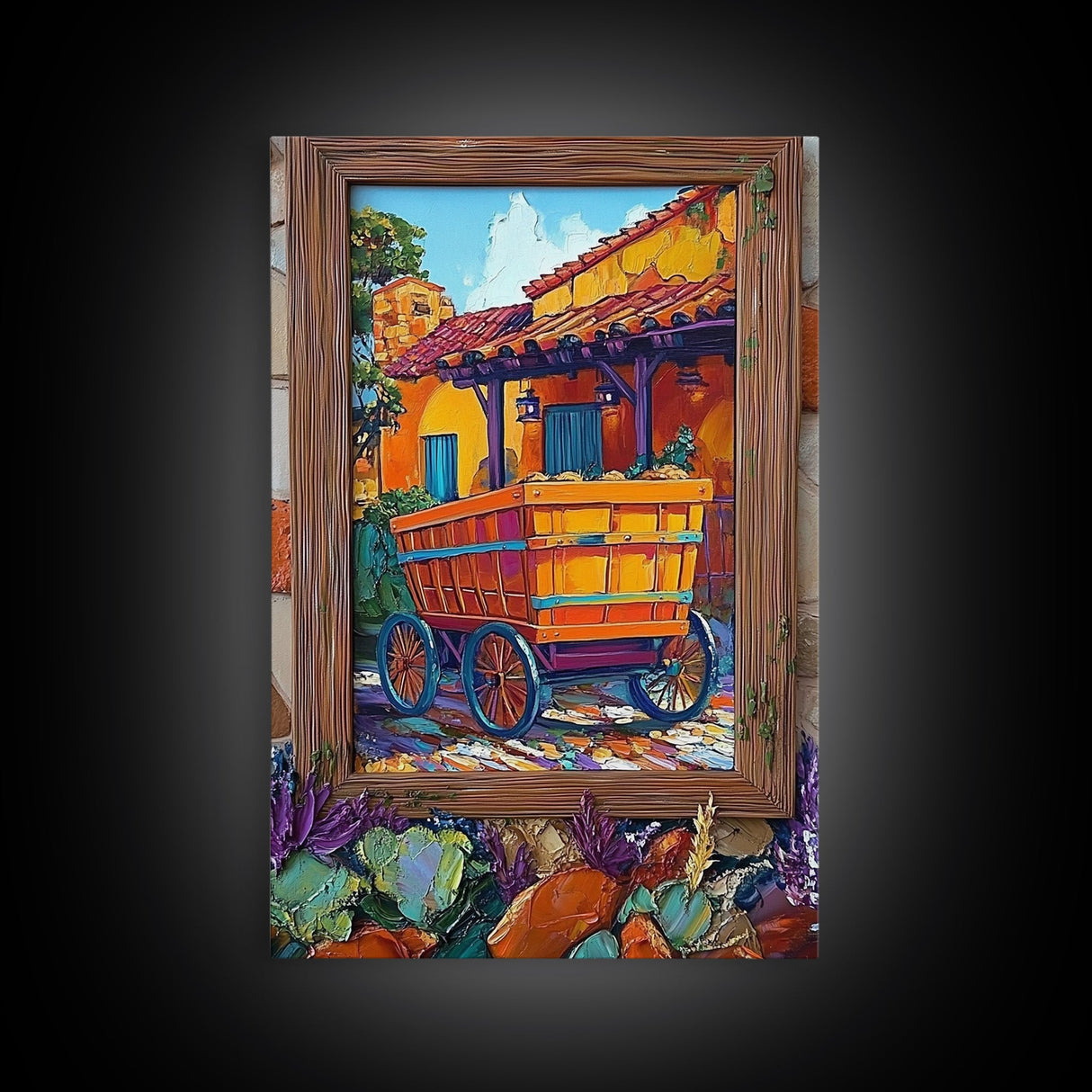 Rustic Wagon, Village, Colorful House Framed Canvas Print, Southwest Home Decor, Farmhouse Kitchen Wall Art, Mexican Art Style