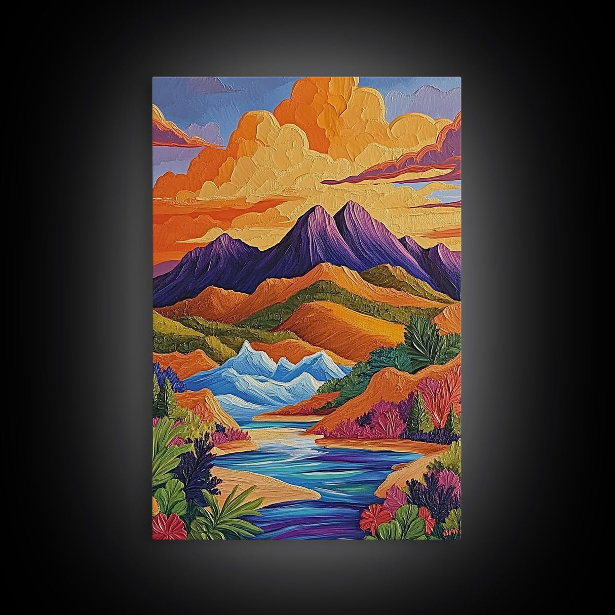 Sunset River, Mountain, Scenic, Framed Canvas Print, Bold Landscape Art, Modern Boho Wall Decor, Nature Scene Living Room Accent