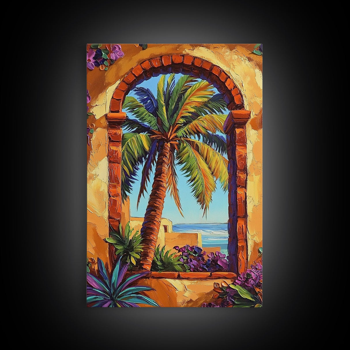 Palm Tree, Tropical Window, Coastal Home, Framed Canvas Print, beach wall art, boho art, Mediterranean decor, Kitchen Wall Art