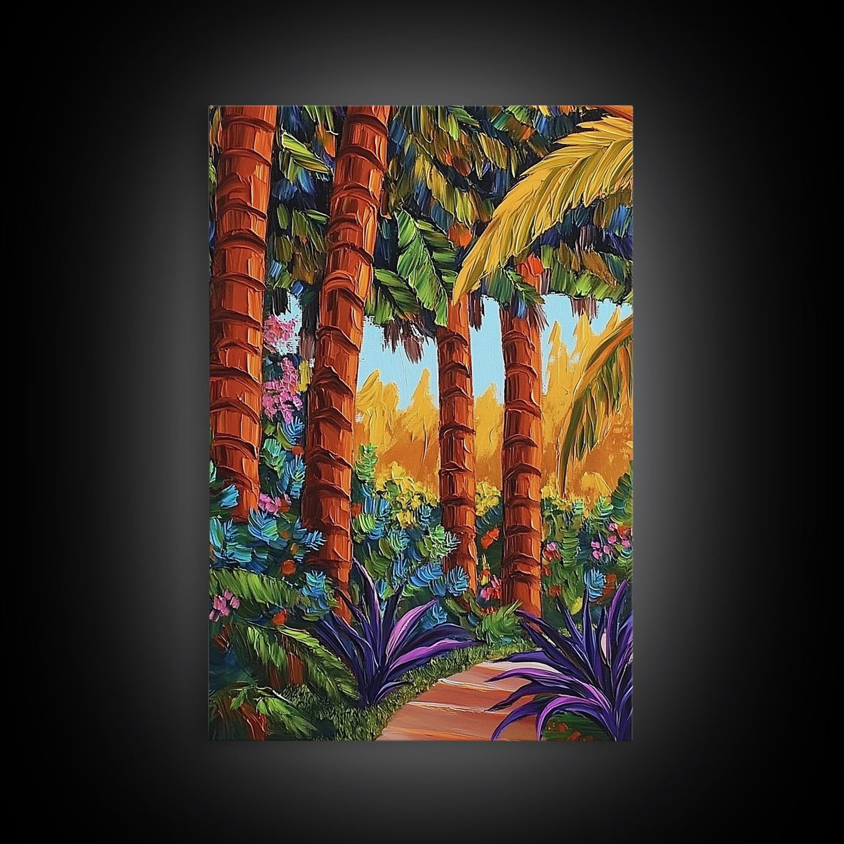 Palm Forest, Jungle Path, Tropical Garden, Canvas Print, exotic greenery, vibrant landscape painting, boho decor, Bathroom Wall Art