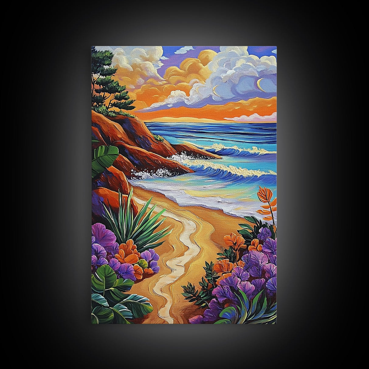 Coastal Sunset, Tropical Beach, Colorful Seascape, Ocean Art, Framed Canvas Print, Vibrant wall decor, Bathroom Wall Art, boho art