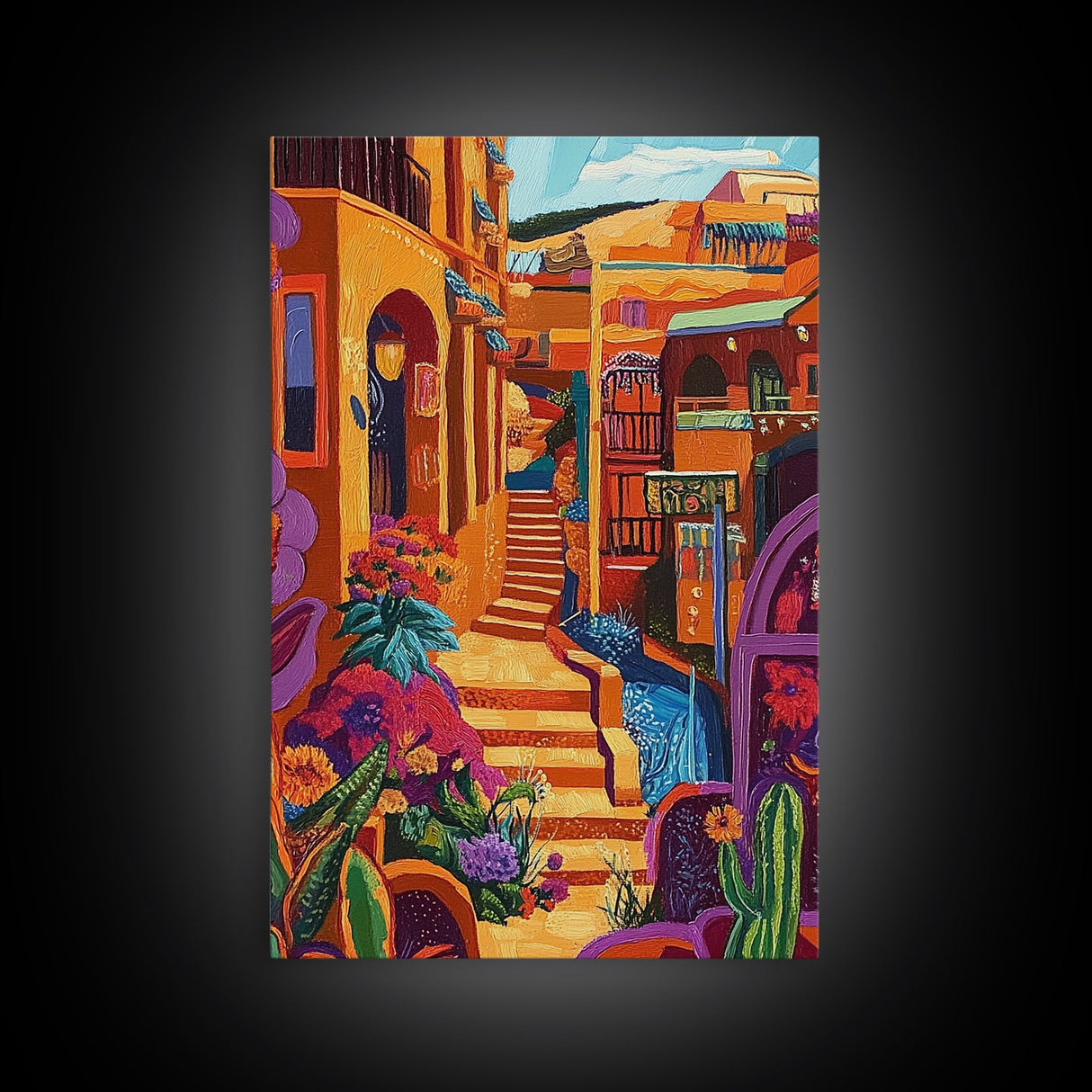 Adobe Village, Desert Color, Southwest Scene, Bright Homes, Framed Canvas Print, Living Room Wall Art, boho rustic art, warm decor