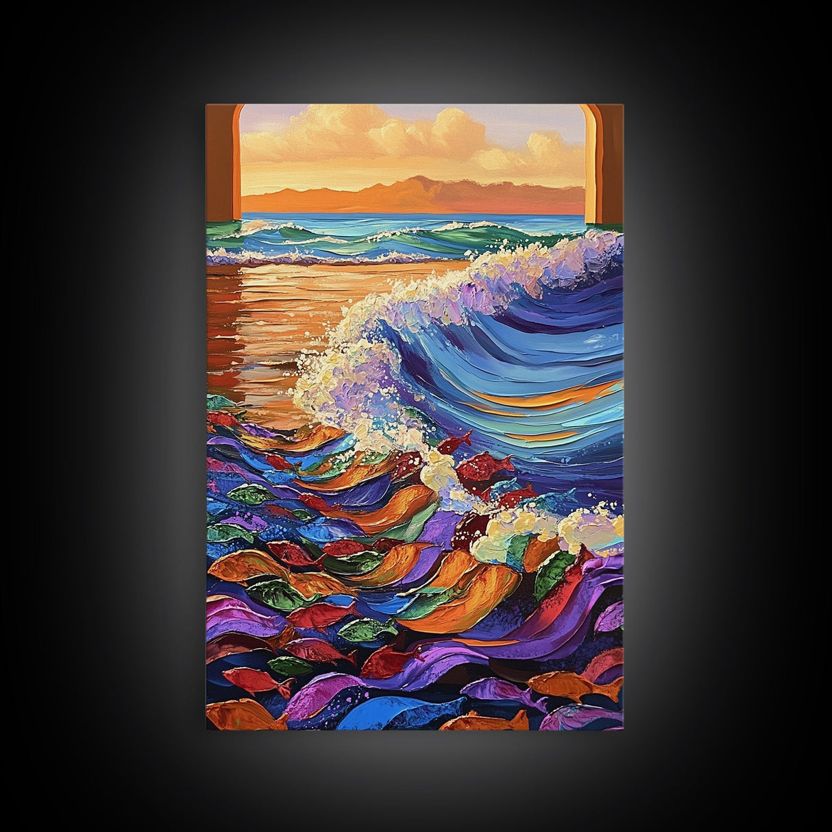 Wave Splash, Colorful Fish, Ocean Dance, Sunset Surf, Framed Canvas Print, Coastal Wall Art, Playroom Decor, Underwater Fantasy Art