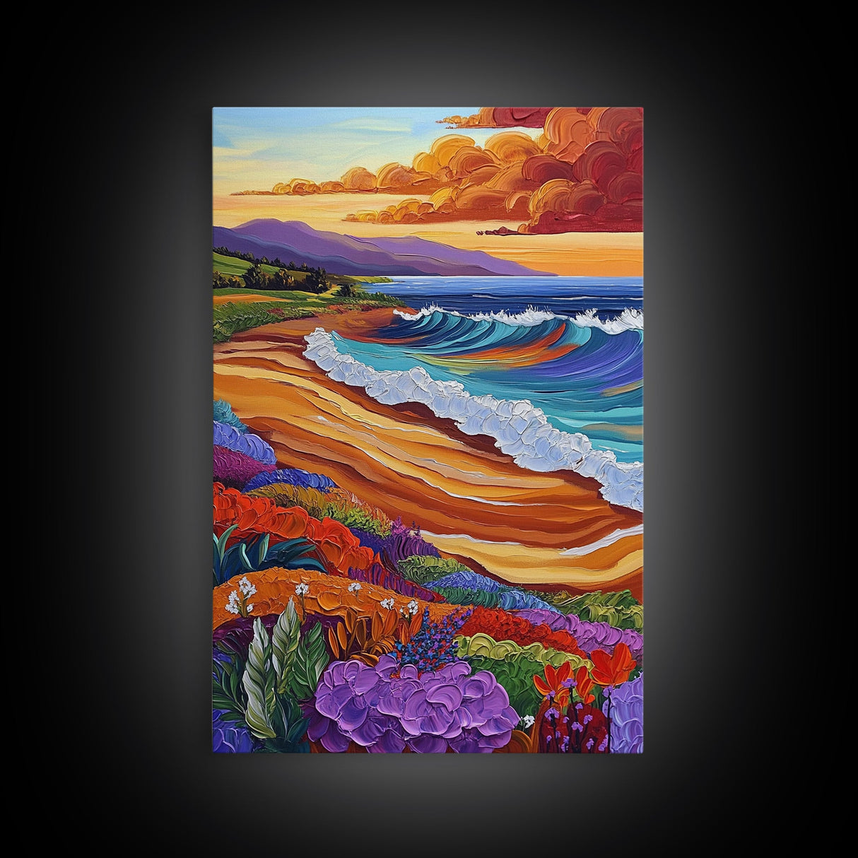Ocean Sunset, Colorful Beach, Coastal Vibes, Tropical Flowers, Fall Wall Art, Dining Room Decor, Canvas Print, Vibrant Landscape Art