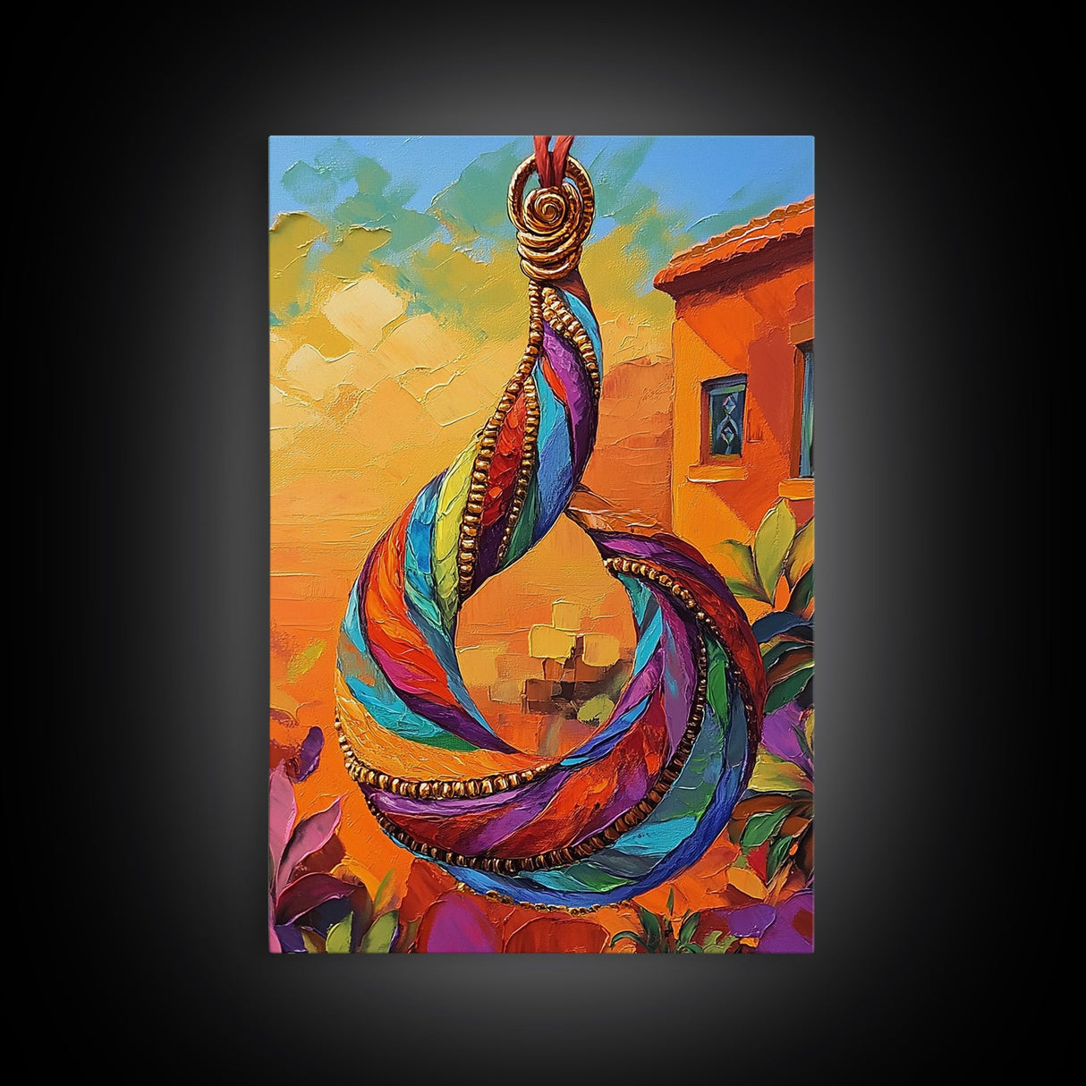 Colorful Pendant, Abstract Jewelry, Bohemian Style, Artistic Decor, Warm Sunset Tones, Bedroom Wall Art, Framed Canvas Print