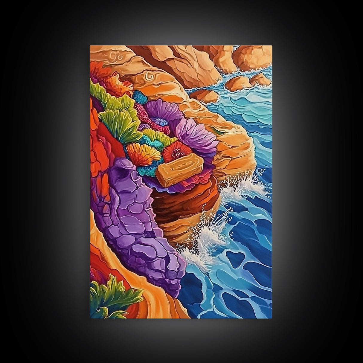 Ocean Cliffs, Colorful Reef, Coastal Abstract, Vibrant Seaside Art, Bathroom Wall Art, Nautical Decor, Canvas Print, Bold Nature Painting