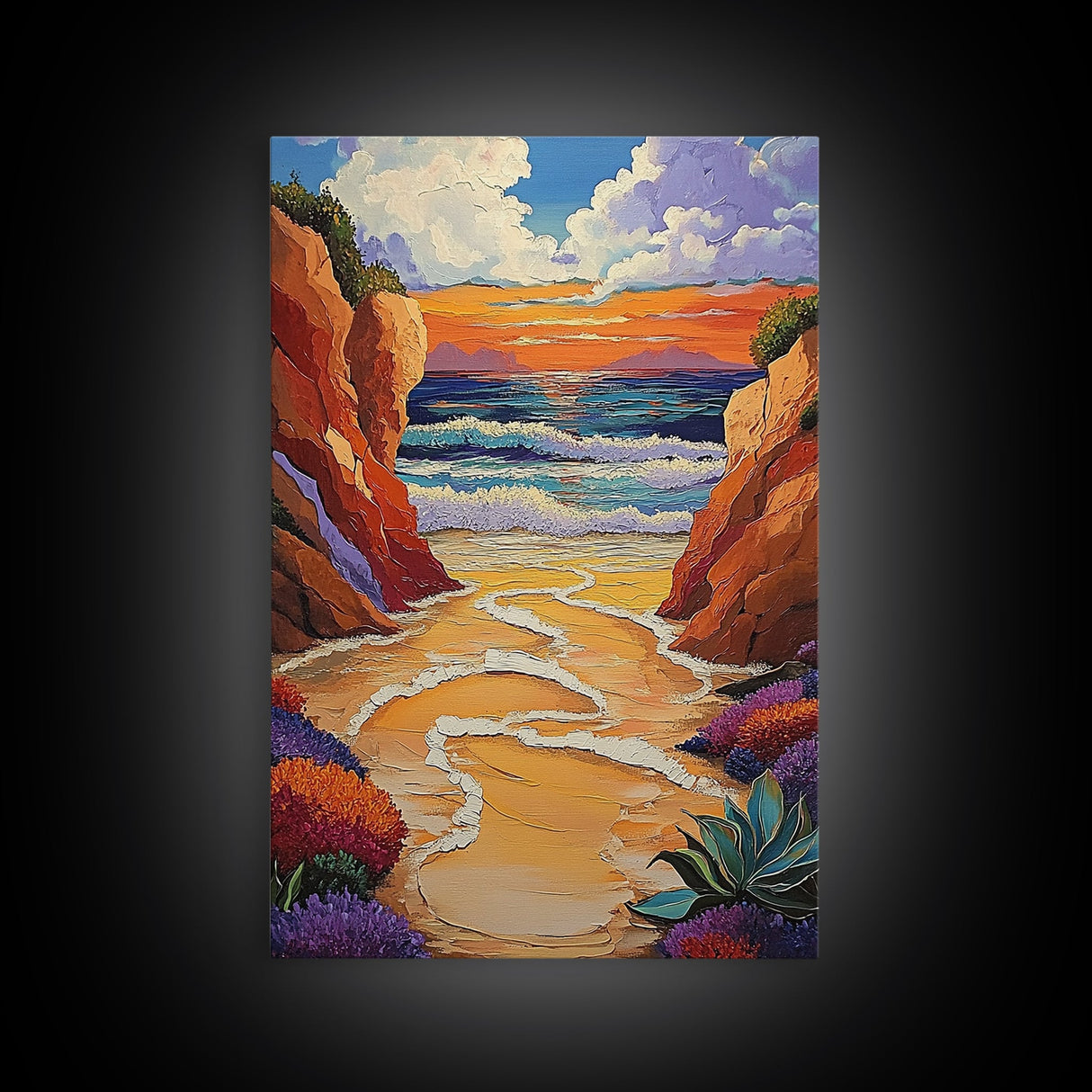 Golden Beach, Sunset Cliffs, Vibrant Ocean Art, Coastal Escape, Fall Color Palette, Canvas Print, Bedroom Wall Art, Tranquil Style