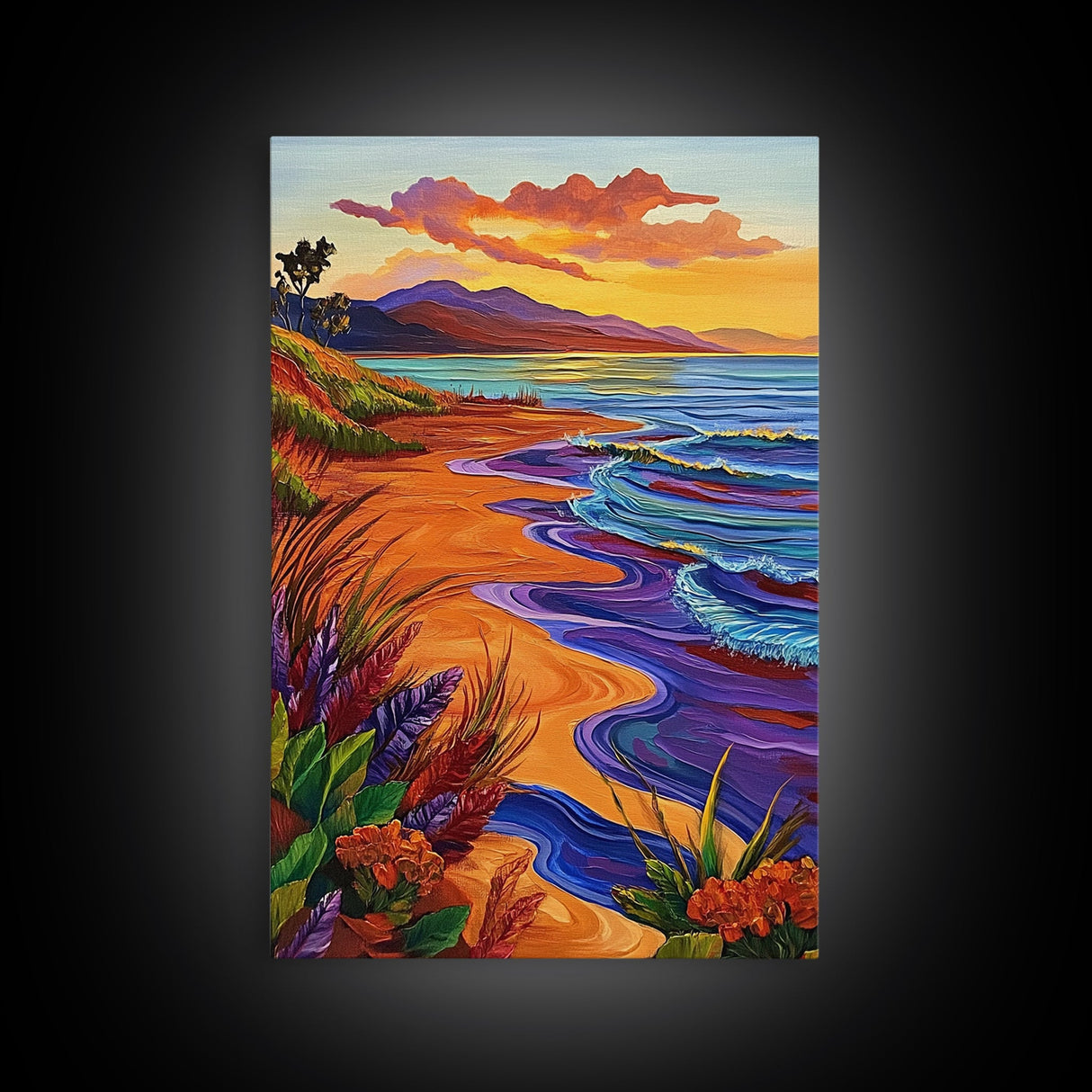 Vibrant Beach Sunset, Ocean Waves, Tropical Coastline, Coastal Landscape, Framed Canvas Print, Living Room Wall Art, Colorful Beach Art