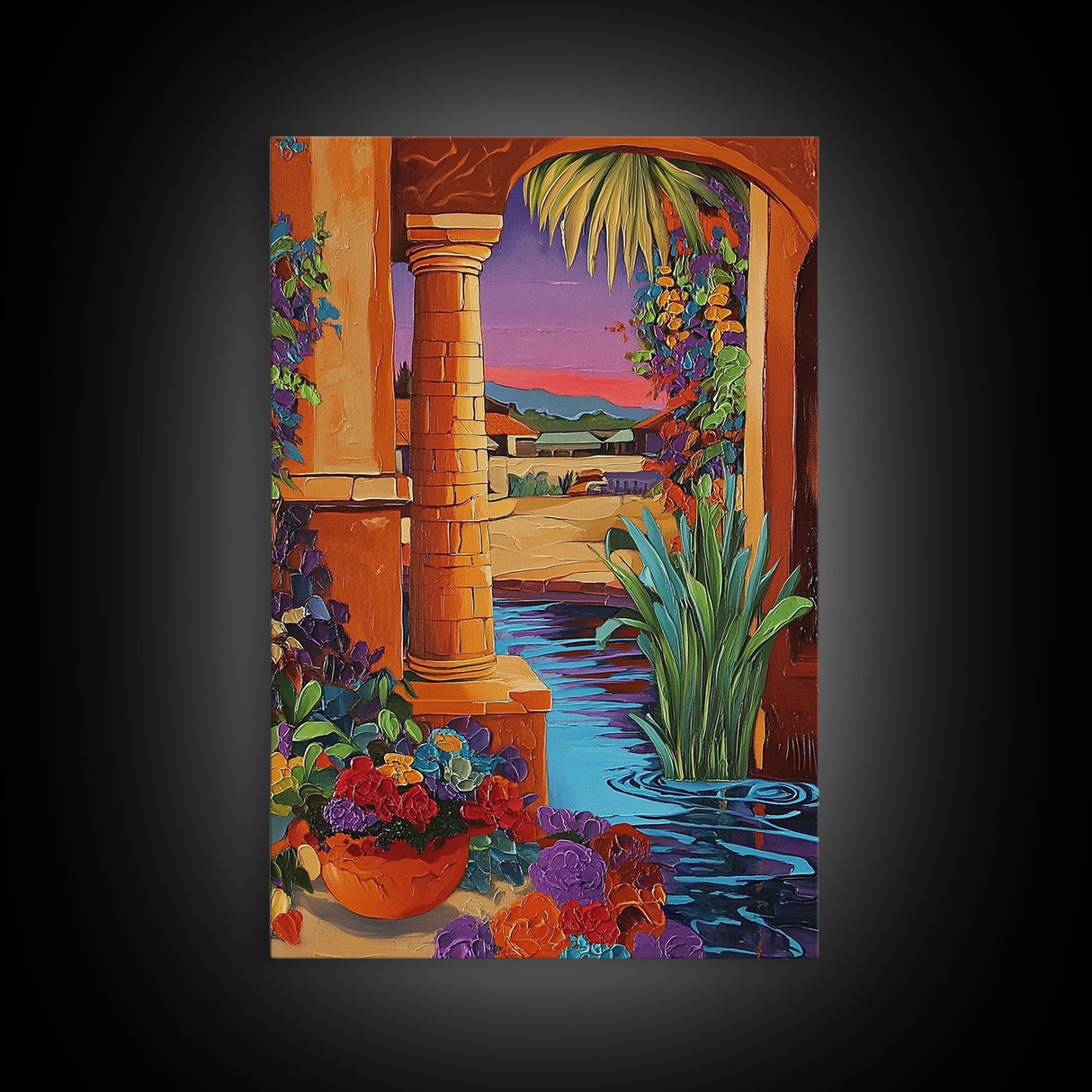 Desert Garden View, Vibrant Sunset Patio, Mexican Courtyard Scene, Framed Canvas Print, Colorful Patio Art, Kitchen Wall Art, Boho Decor