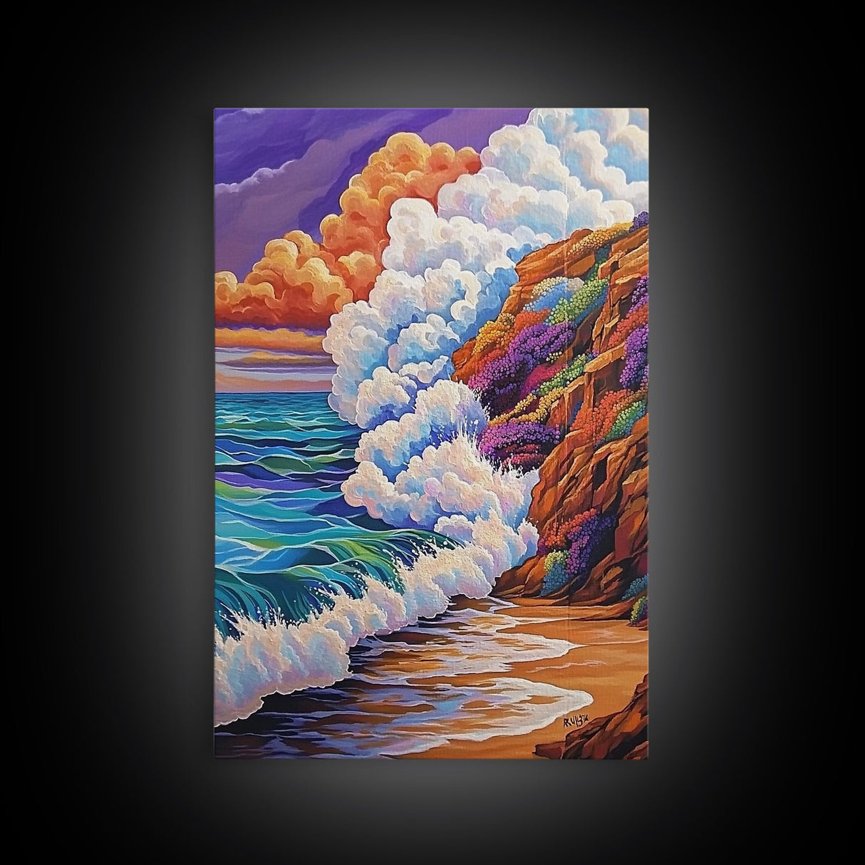 Ocean Wave, Sunset Sky, Rocky Coast, Vibrant Sea — Framed Canvas Print beach wall decor, colorful ocean art, coastal living room wall art