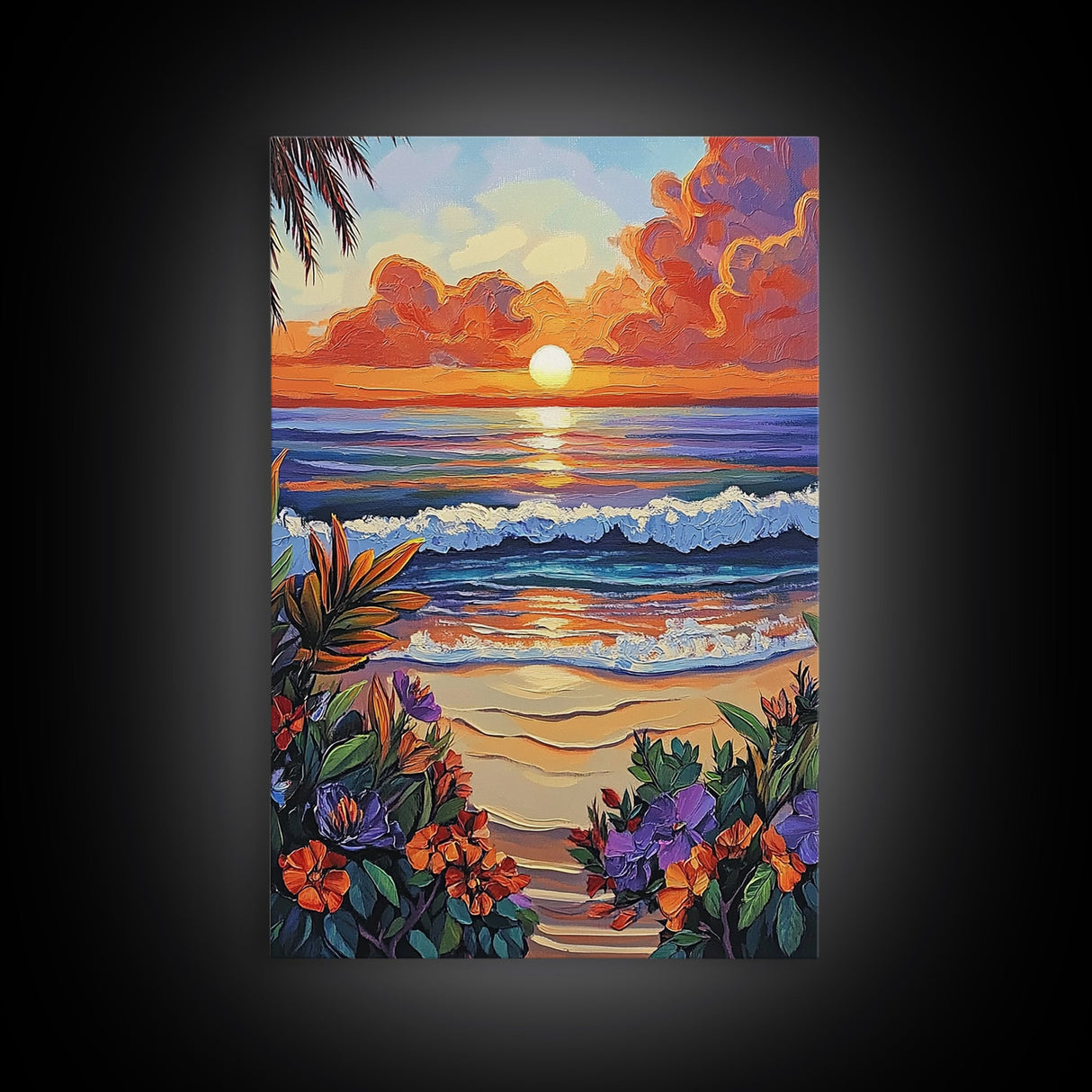 Tropical Beach, Sunset Waves, Lush Florals, Orange Glow — Framed Canvas Print vibrant coastal art, bathroom or bedroom beach decor, boho vibe