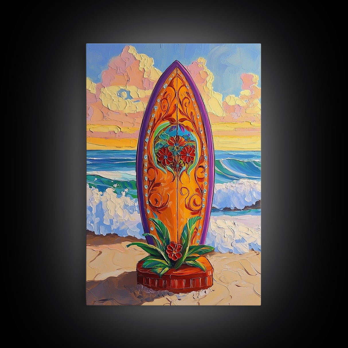 Floral Surfboard Art, Beach Sunset Decor, Tropical Surf Vibe, Canvas Print, Bright Ocean Wall Art, Bathroom Accent, Boho Coastal