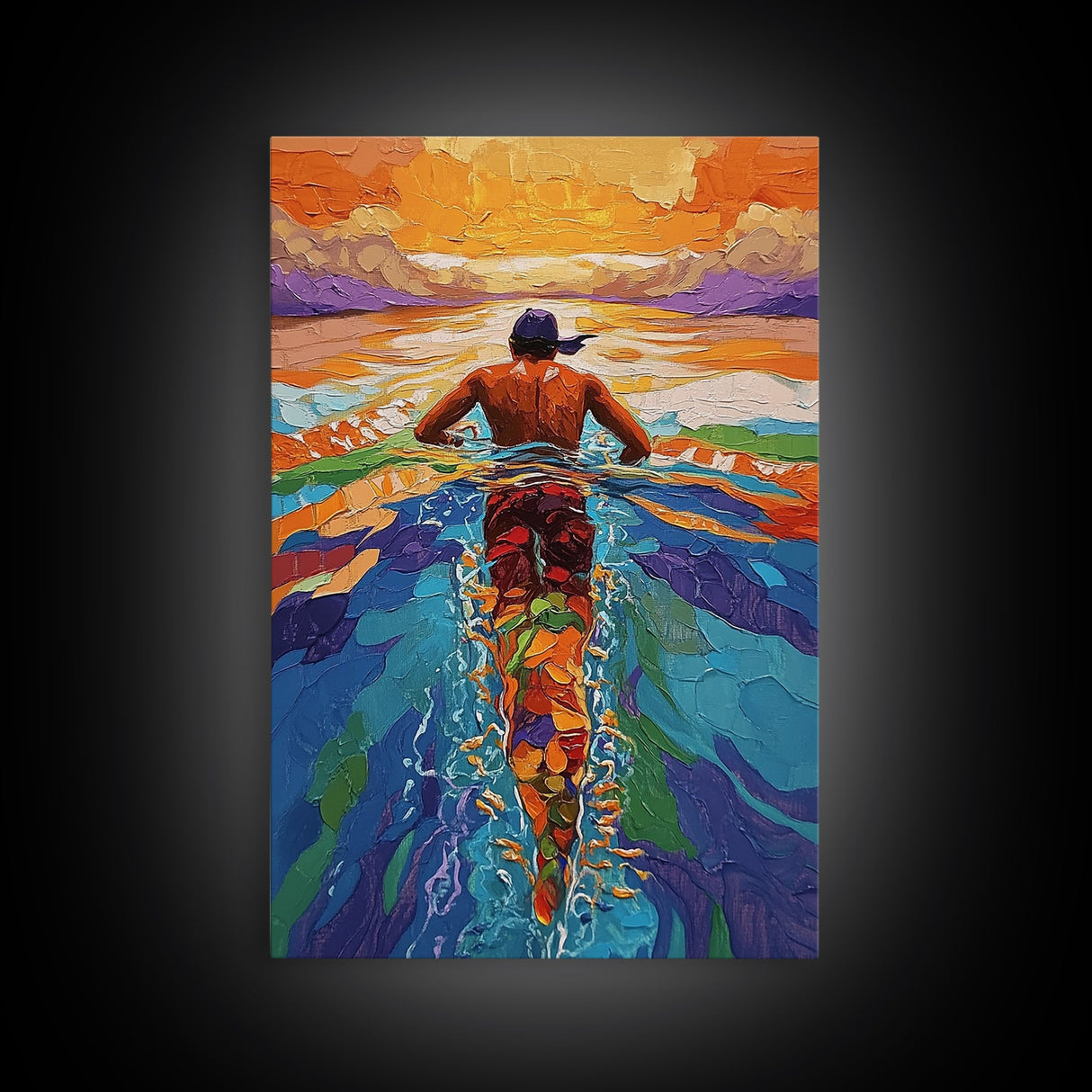 Man Swimming Sunset, Ocean Freedom Art, Tropical Wall Decor, Canvas Print, Bright Water Colors, Bold Bathroom Wall Art