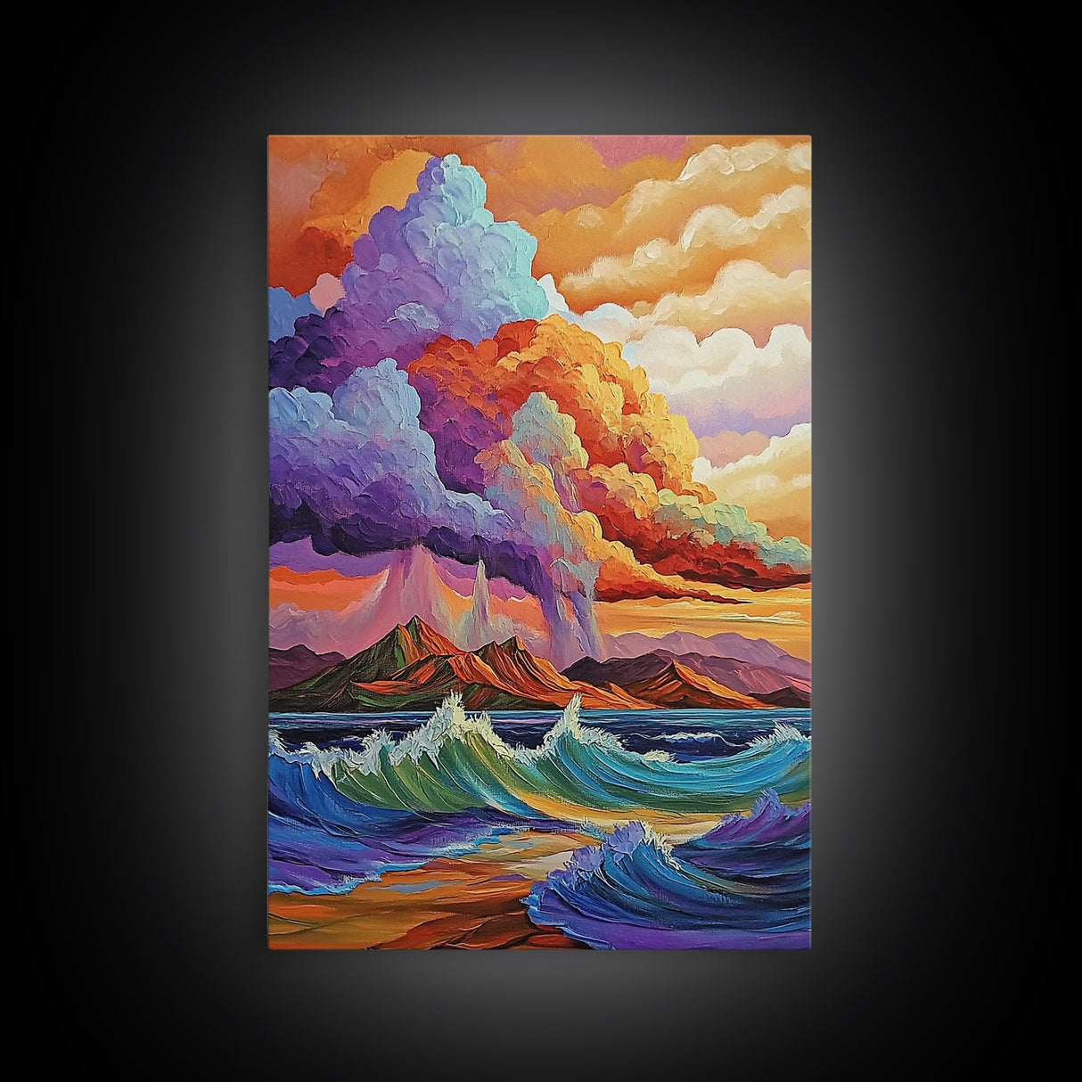 Stormy Coastal Sunset, Rainbow Clouds Over Ocean, Dramatic Sky Wall Art, Framed Canvas Print, Boho Nature Decor, Living Room Art