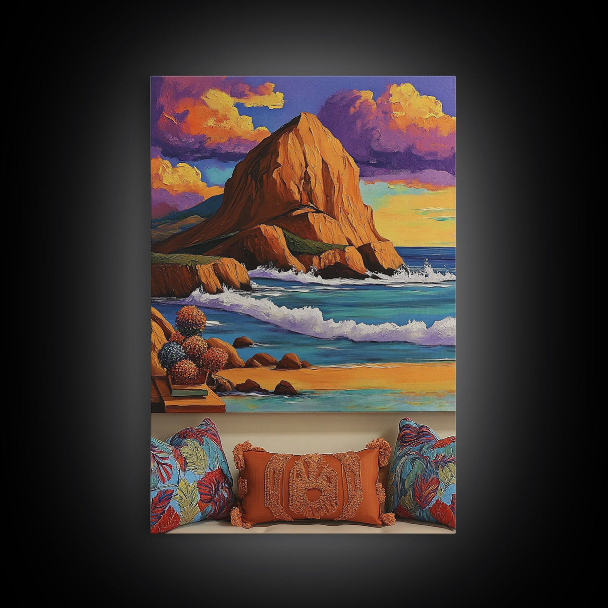 Sunset Beach, Cliffs, Waves, Framed Canvas Print vibrant coastal wall art, beach house decor, ocean cliffs, boho style, living room wall art