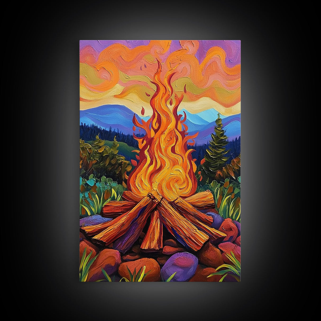 Flames Forest, Dusk, Firelight, Framed Canvas Print rustic bonfire wall art, forest painting, Autumn cabin decor, cozy living room wall art