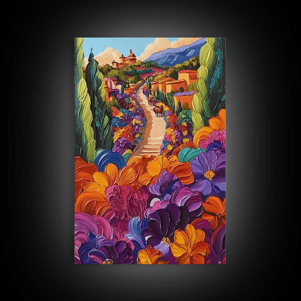 Village Flowers Path, Scenic Country Road Painting, Framed Canvas Print, Whimsical Boho Art, Kitchen Wall Decor, Mediterranean Style