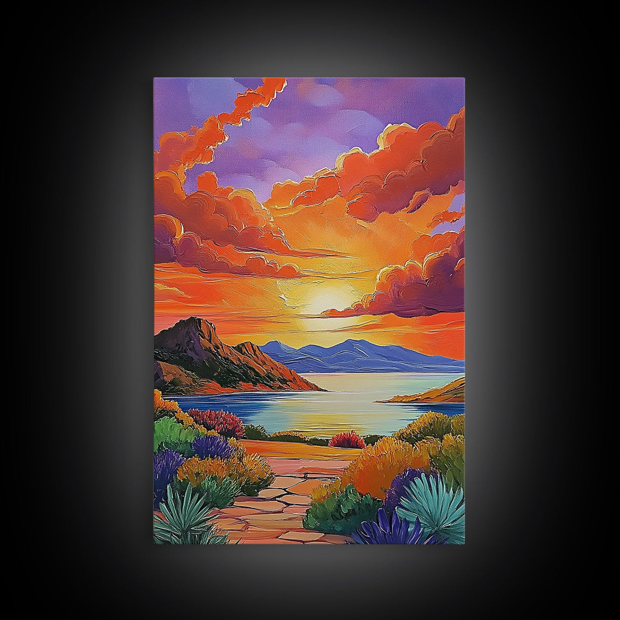 Sunset, Desert, Lake, Landscape, Framed Canvas Print, Vibrant sunset over desert lake with bold skies, perfect Southwest living room wall art