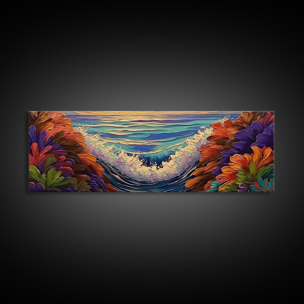 Sunset Waves, Floral Reef, Coastal Water, Colorful Nature, Framed Canvas Print, Bathroom Wall Art, Beach Vibes, Bright Seascape Art