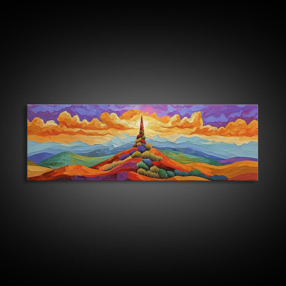 Colorful Mountain Sunrise, Bold Landscape Painting, Southwest Decor, Living Room Wall Art, Modern Boho Style Framed Canvas Print, Bedroom art
