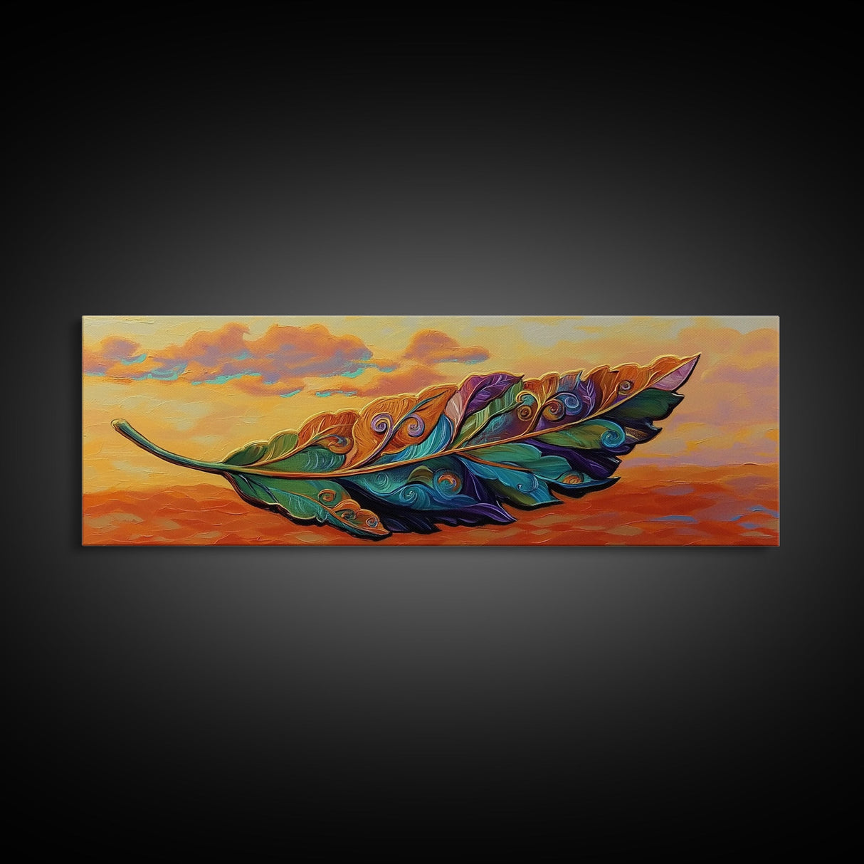 Colorful Leaf Art, Sunset Nature Decor, Vibrant Feather Design, Framed Canvas Print, Boho Wall Art, Entryway Accent Piece