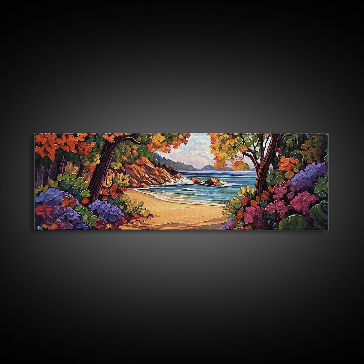Secluded Beach Painting, Colorful Coastal Trees, Tropical Shoreline View, Framed Canvas Print, Relaxing Bathroom Art, Boho Bedroom