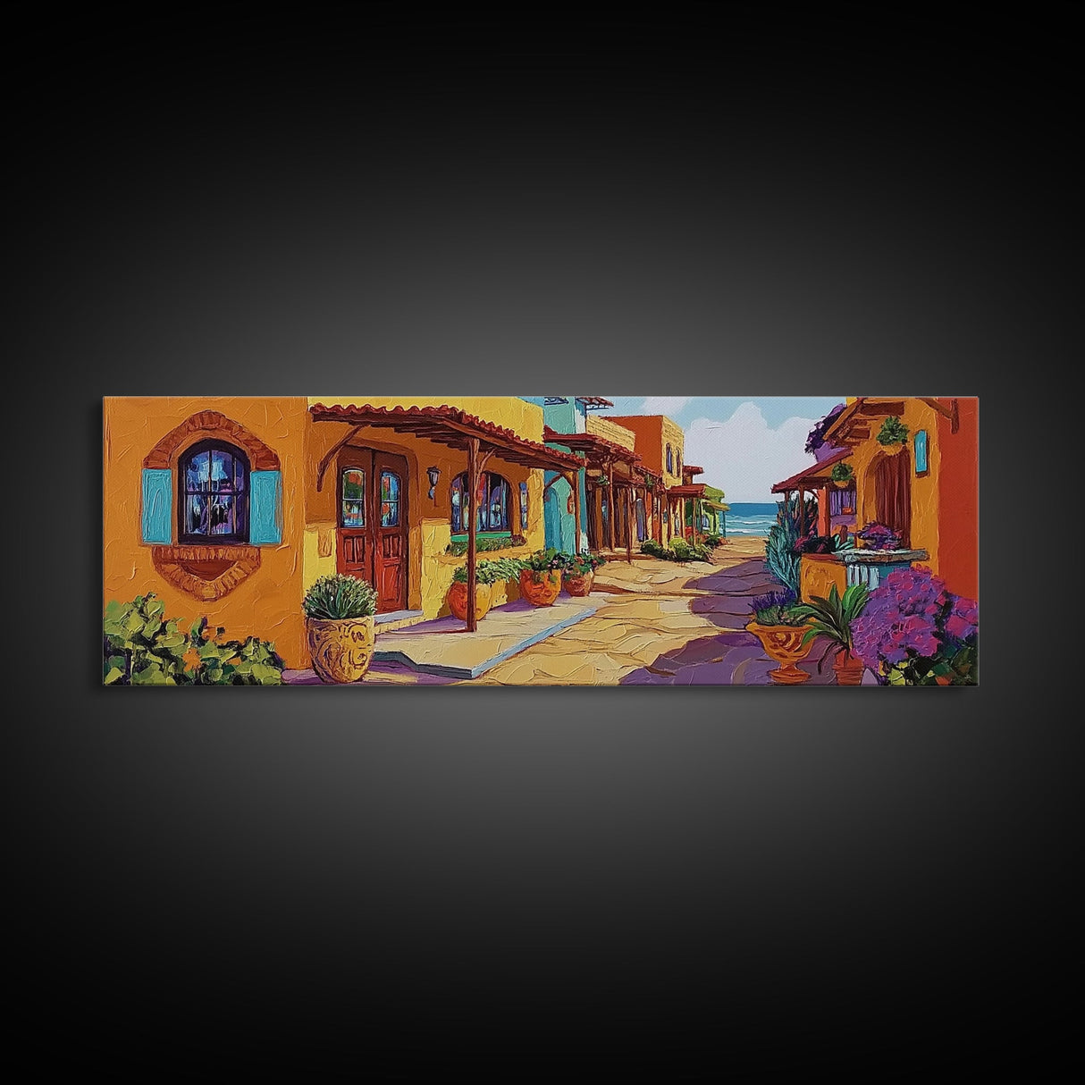 Coastal Village Street, Colorful Adobe Homes, Mediterranean Scene, Framed Canvas Print, Kitchen Wall Art, Rustic Living Room Decor
