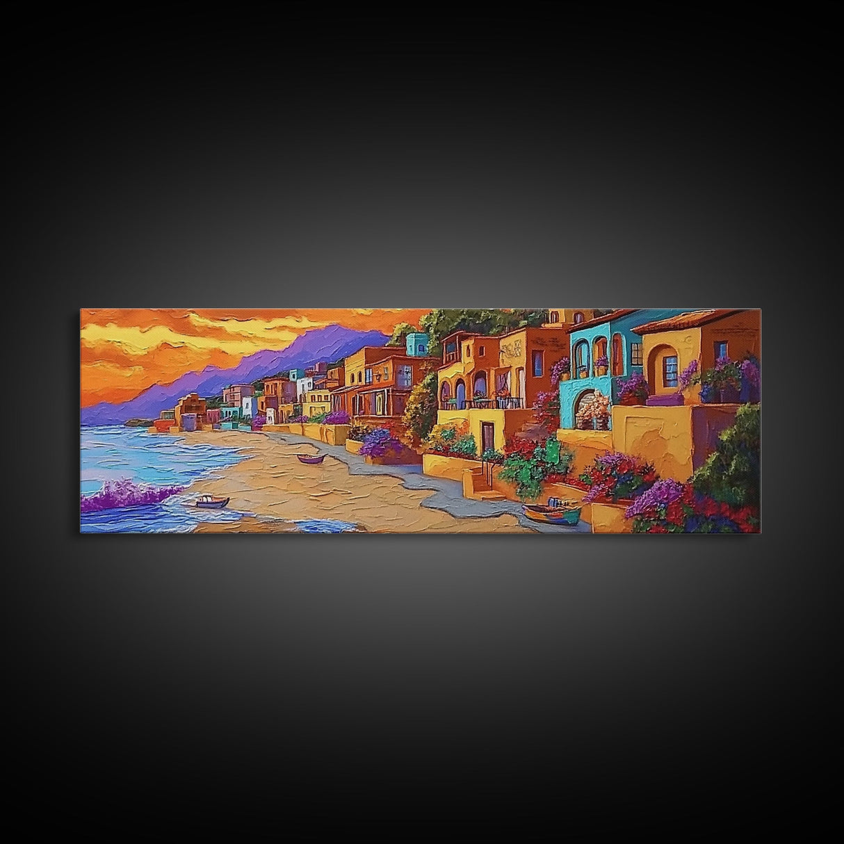Seaside Village Sunset, Colorful Coastal Homes, Vibrant Ocean View, Framed Canvas Print, Beach House Decor, Bohemian Art