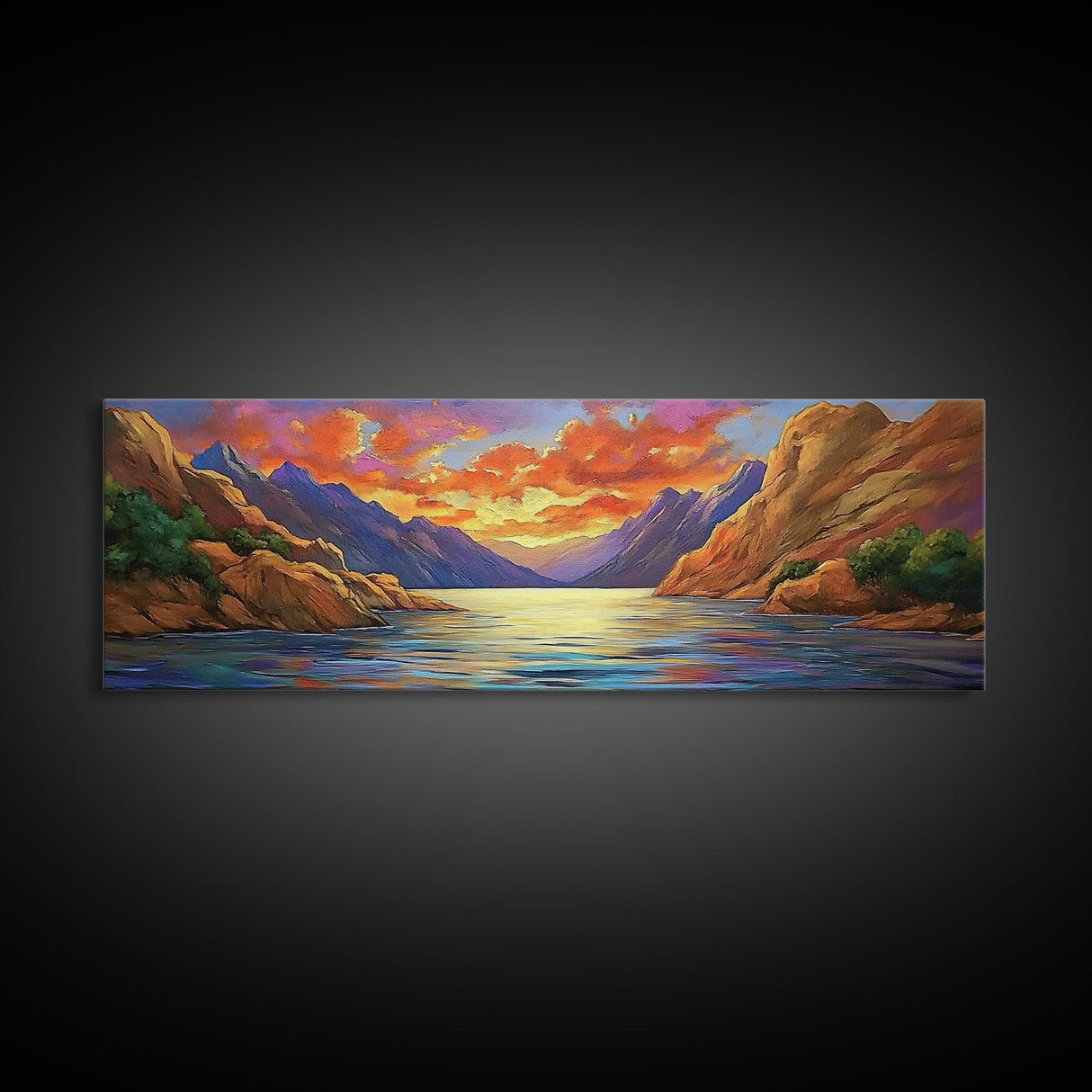 Sunset Lake, Mountain Reflection, Nature Glow, Framed Canvas Print, Scenic Wall Art, Autumn Decor, Cabin Artwork, Rustic Landscape Art