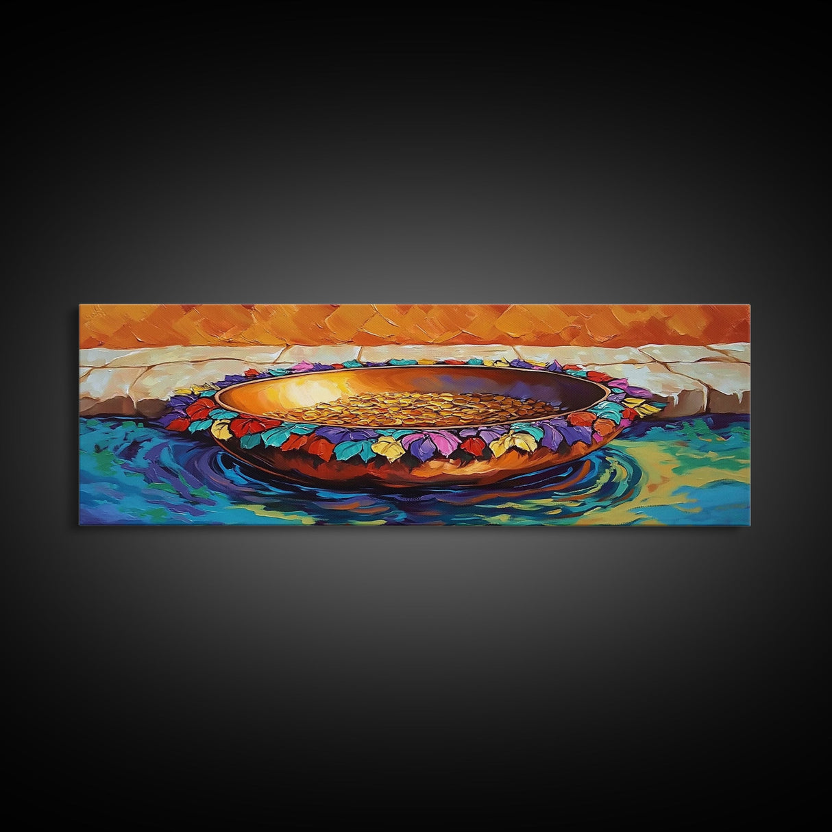Gold Coins, Water Bowl, Vibrant Still Life, Framed Canvas Print, Kitchen Wall Art, Autumn Accent, Southwestern Art, Colorful Painting