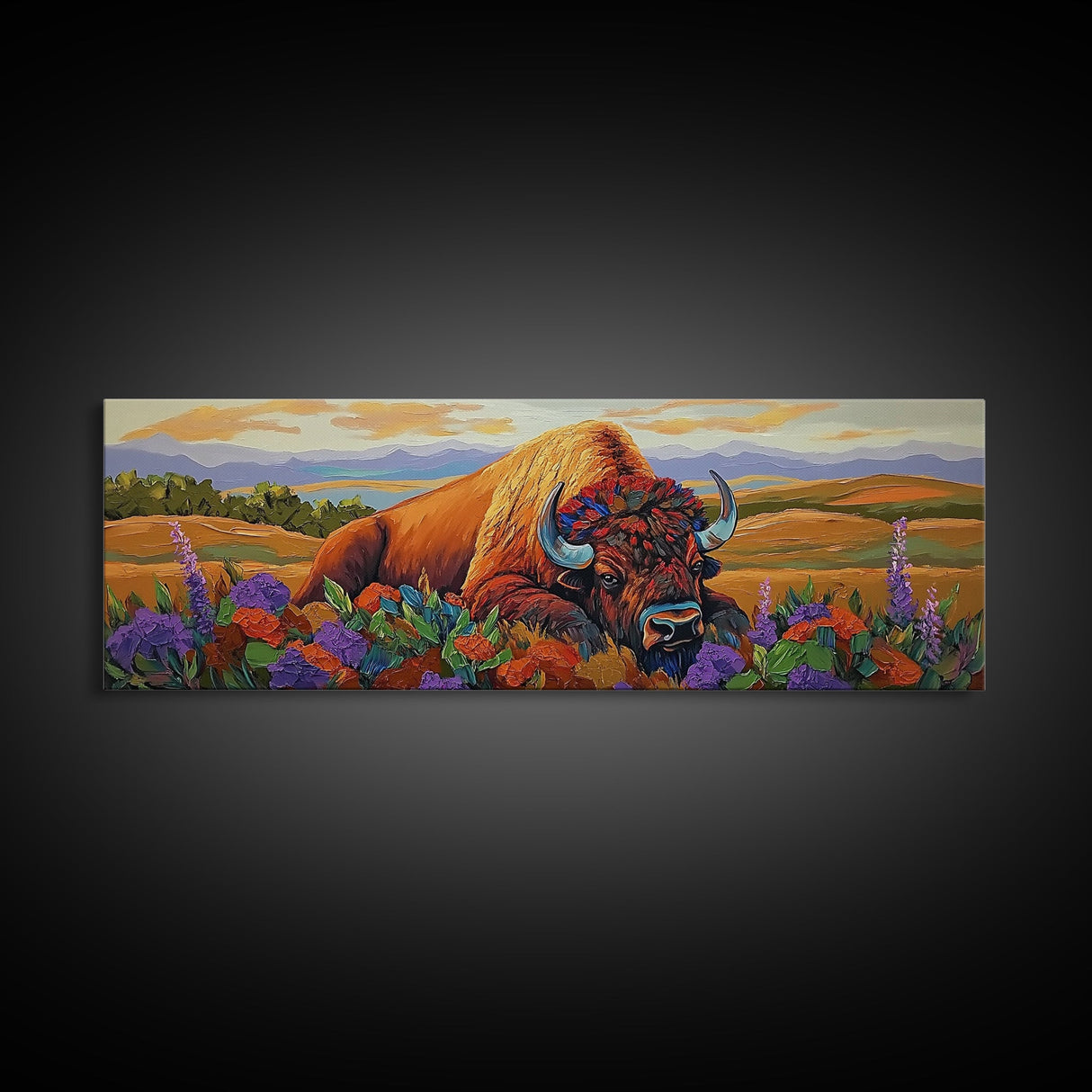 Resting Bison, Sunset Plains, Prairie Wildflowers, Framed Canvas Print, Autumn Decor, Western Wall Art, Cabin Living Room Accent